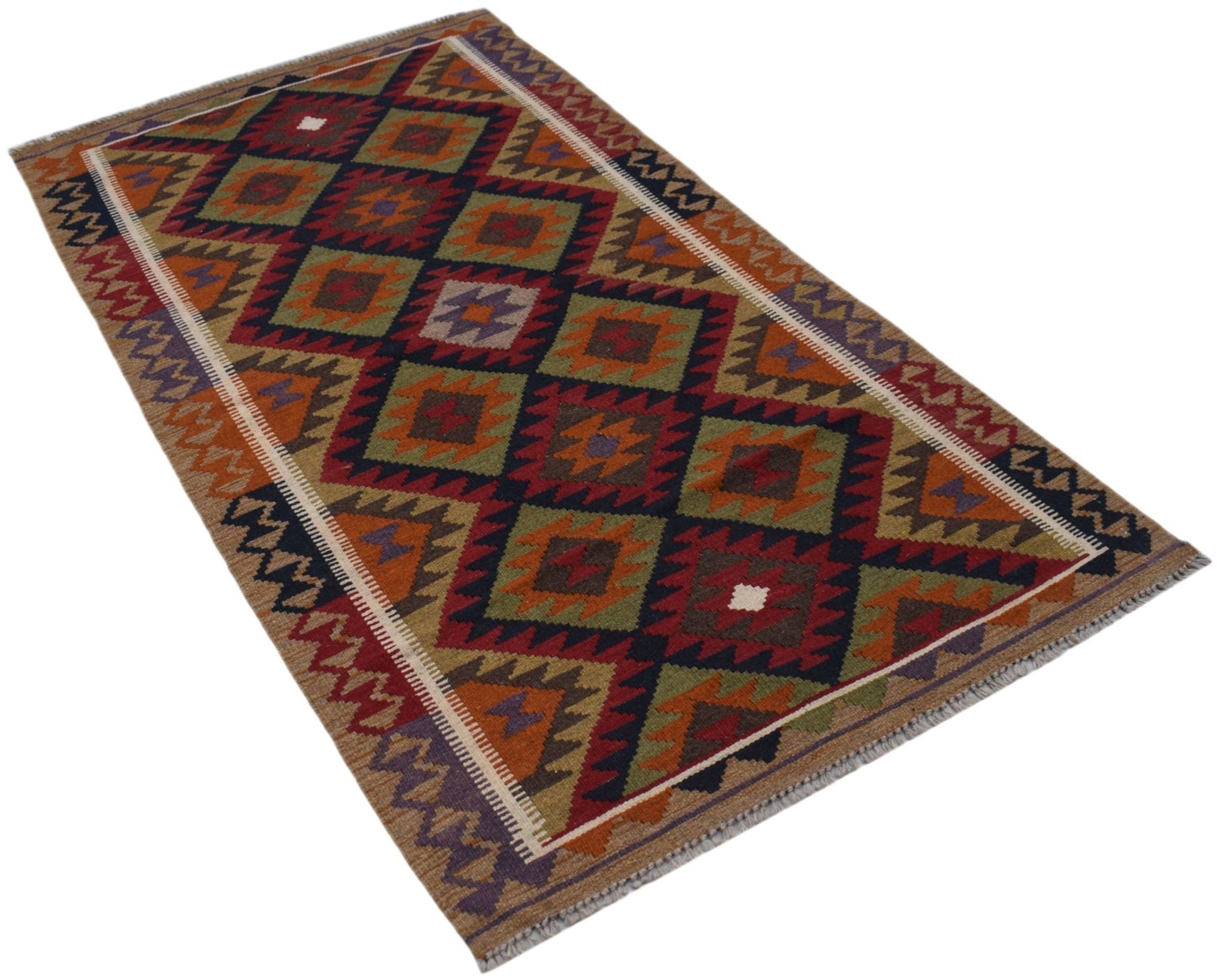 Handwoven Afghan Maimana kilim rug featuring a geometric diamond pattern in earthy tones.