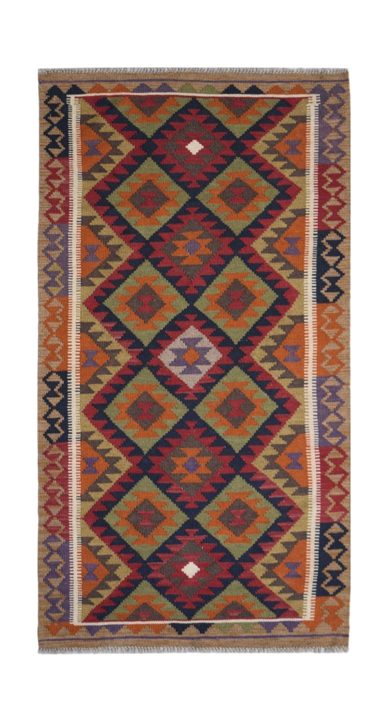 Handwoven Afghan Maimana kilim rug featuring a colorful geometric diamond pattern in wool.
