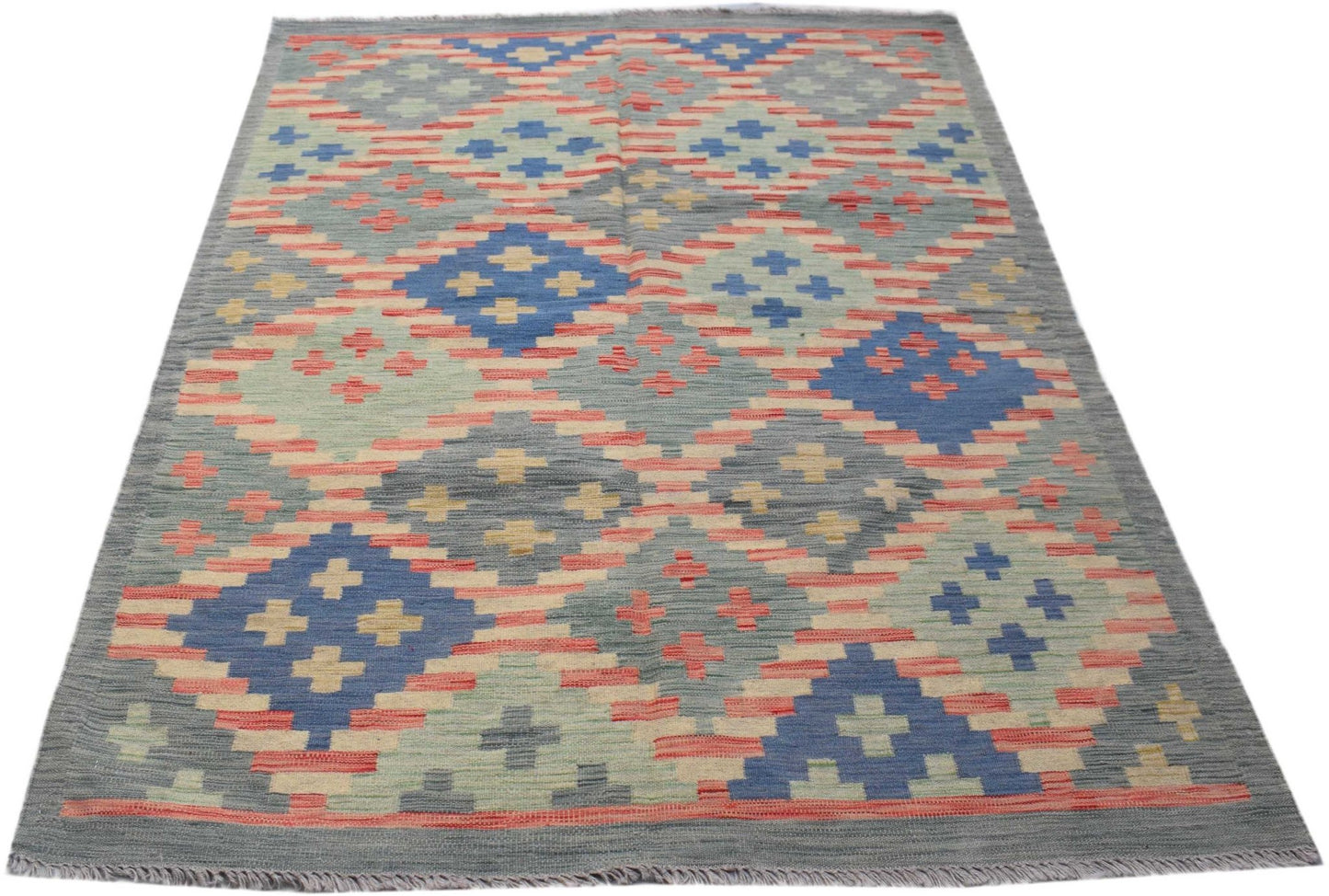 Handwoven Afghan Maimana kilim rug featuring a geometric diamond pattern in blue, red, and grey.