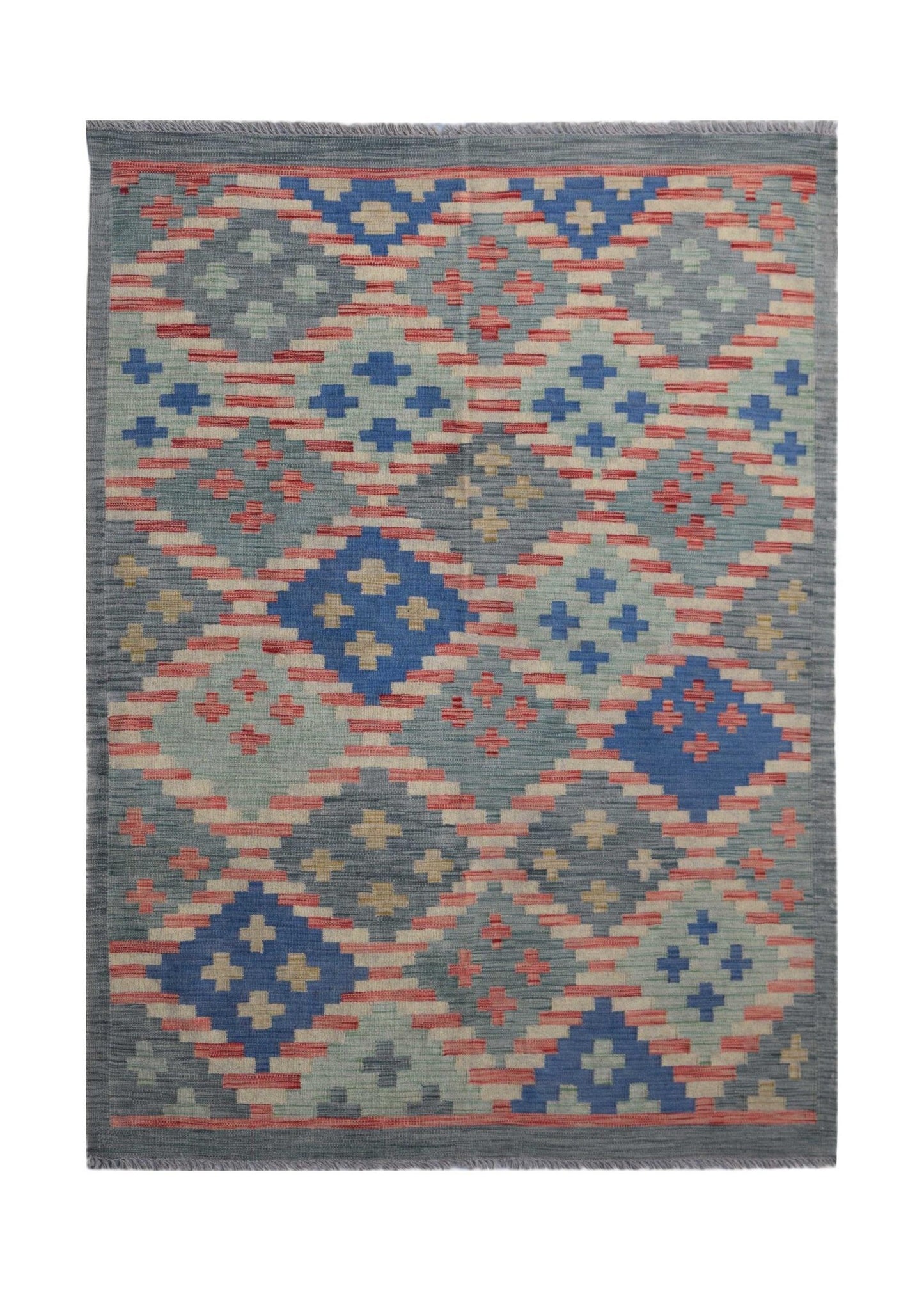 Handwoven Afghan Maimana kilim rug featuring a geometric diamond pattern in blue, red, and grey.