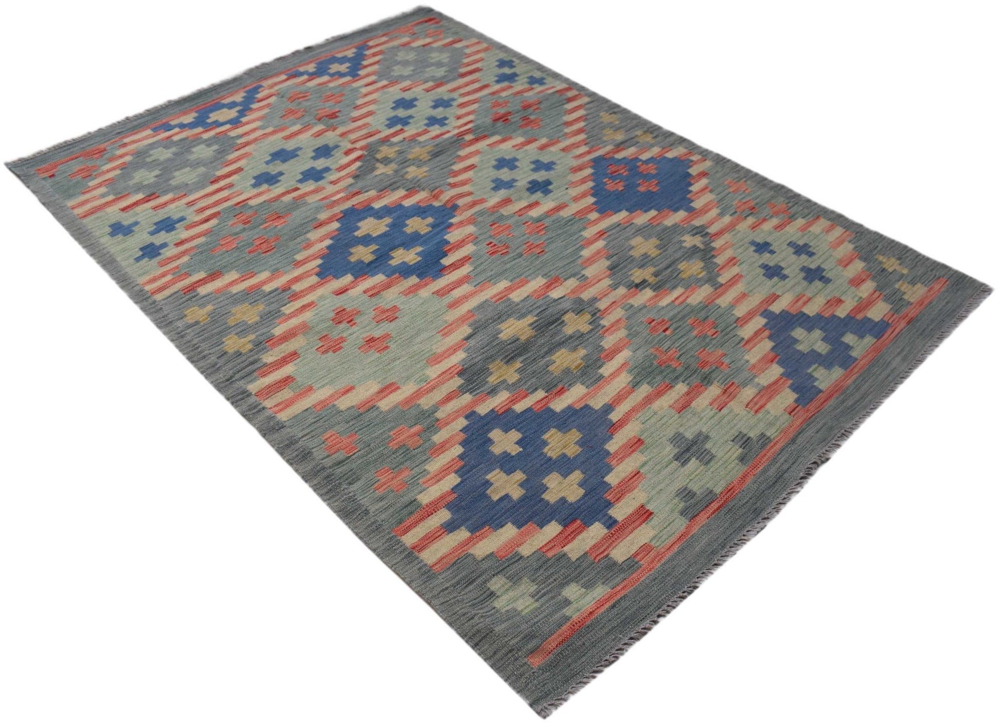 Handwoven Afghan Maimana kilim rug featuring a geometric diamond pattern in blue, red, and grey.