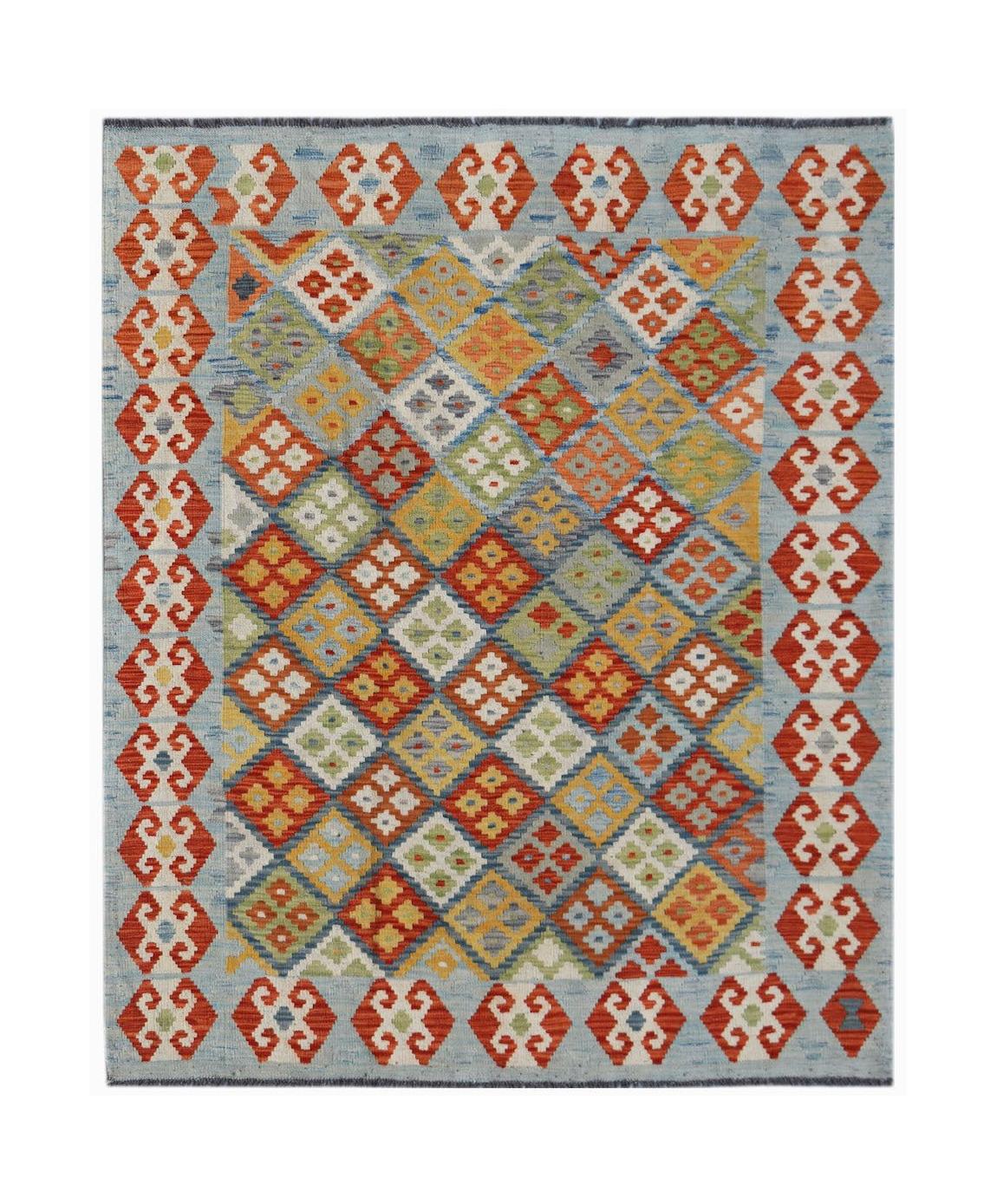 Handwoven Afghan Maimana kilim rug featuring a colorful geometric diamond pattern on a blue border.