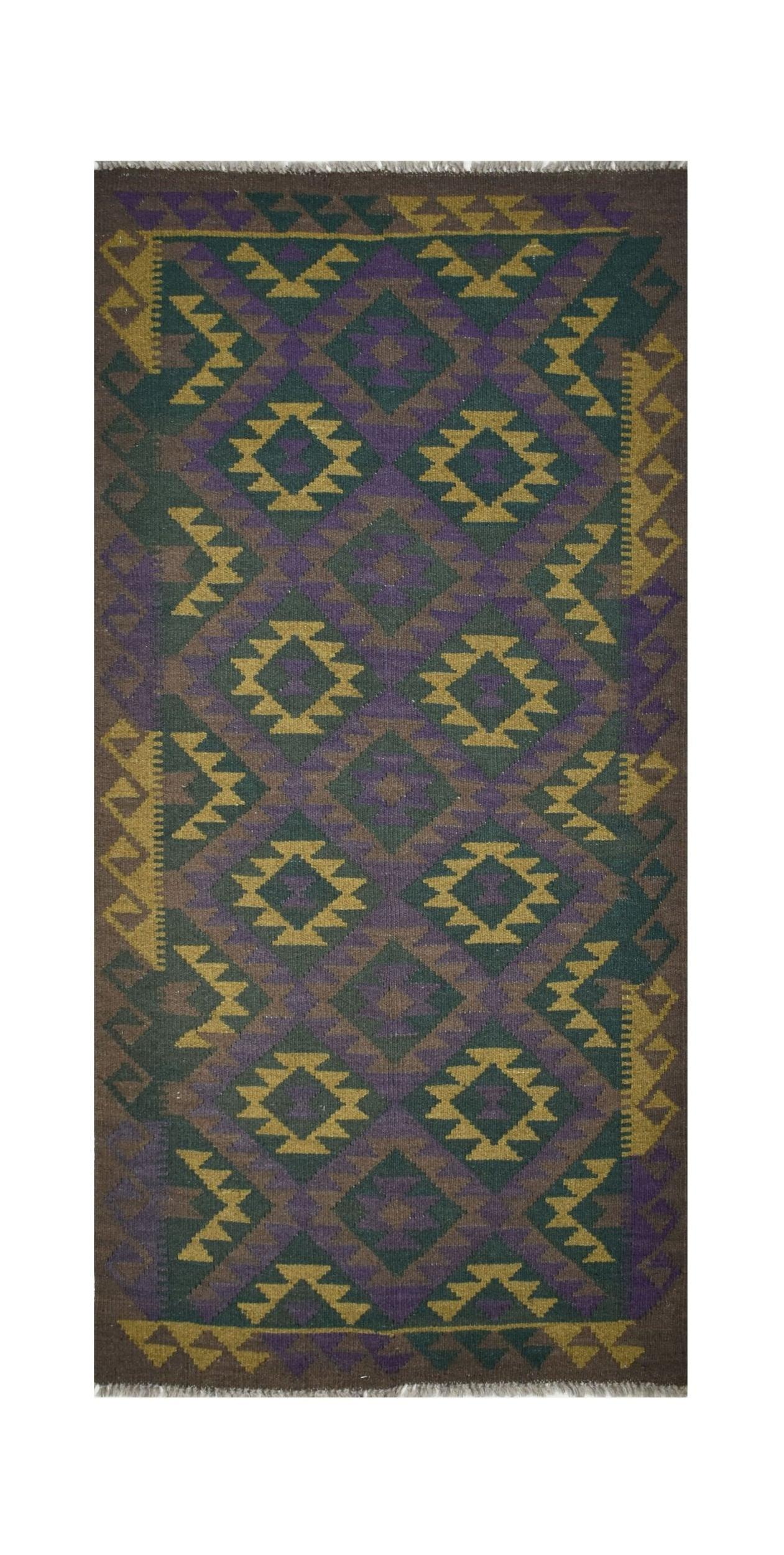 Handmade Afghan Maimana kilim rug featuring a geometric diamond pattern in purple, green, and gold.