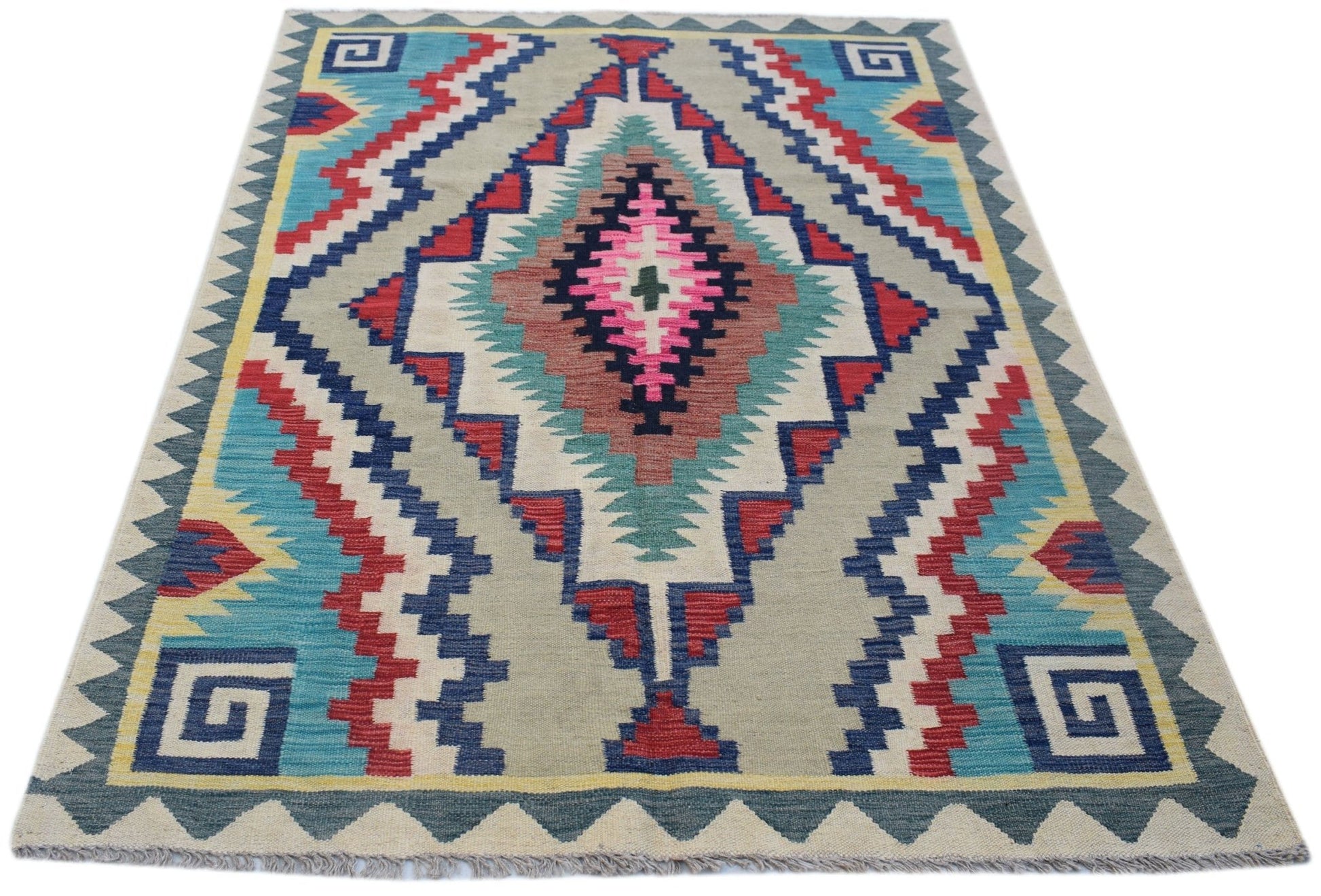 Handwoven Afghan Maimana kilim rug featuring a colorful geometric diamond pattern on a light base.