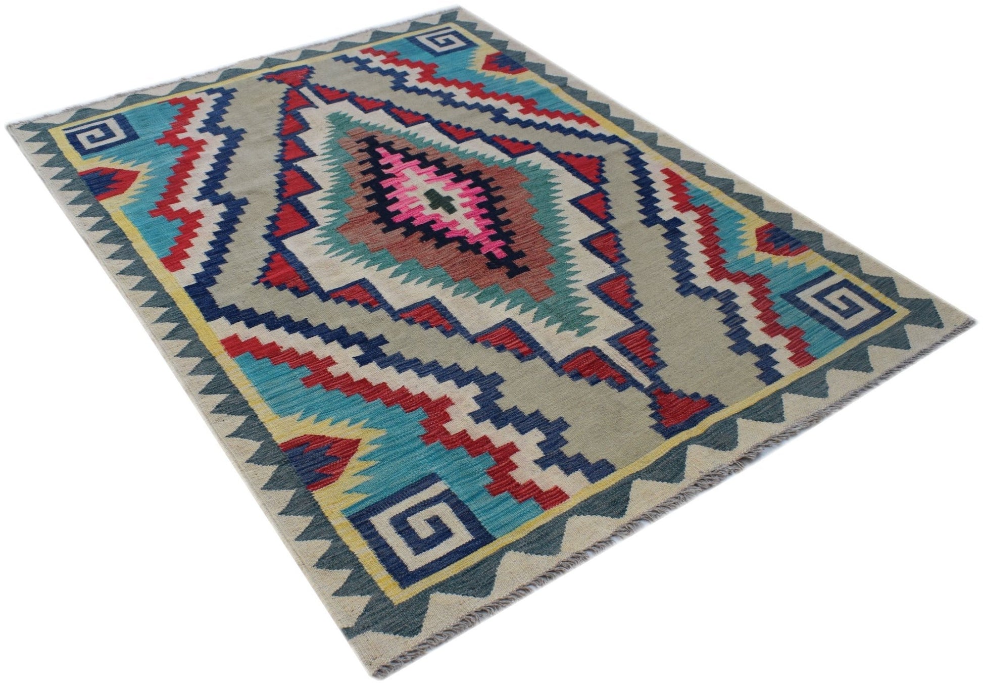 Handwoven Afghan Maimana kilim rug featuring a geometric diamond pattern in vibrant colors.