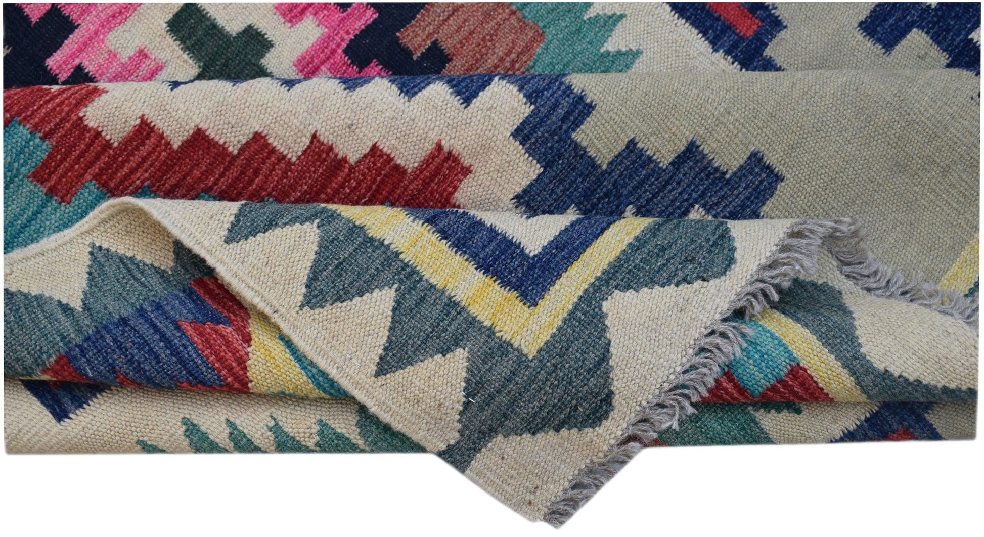 A handmade Afghan Maimana kilim rug featuring a colorful geometric pattern and flatweave texture.