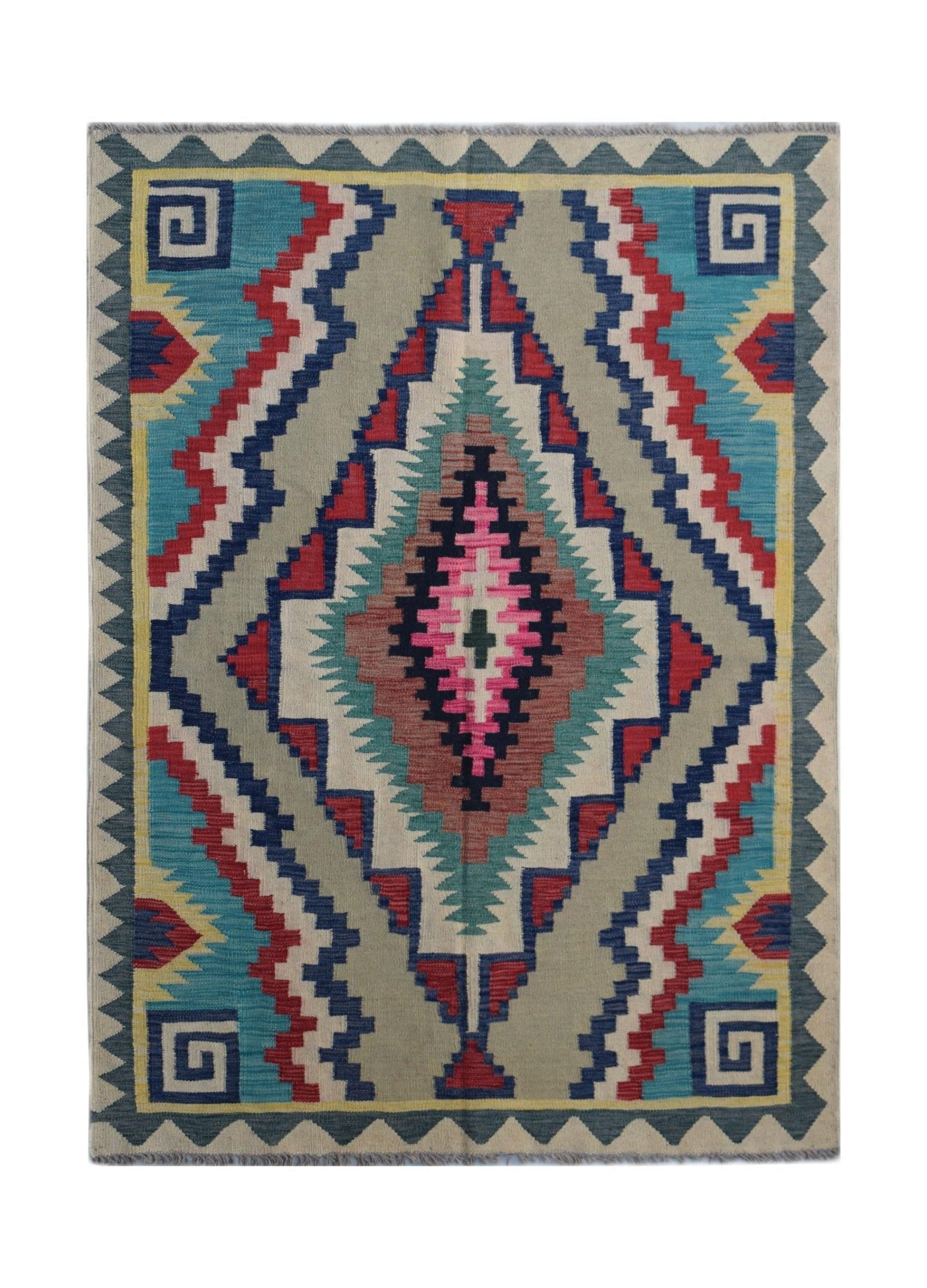 Handwoven Afghan Maimana kilim rug featuring a geometric diamond pattern in vibrant colors.