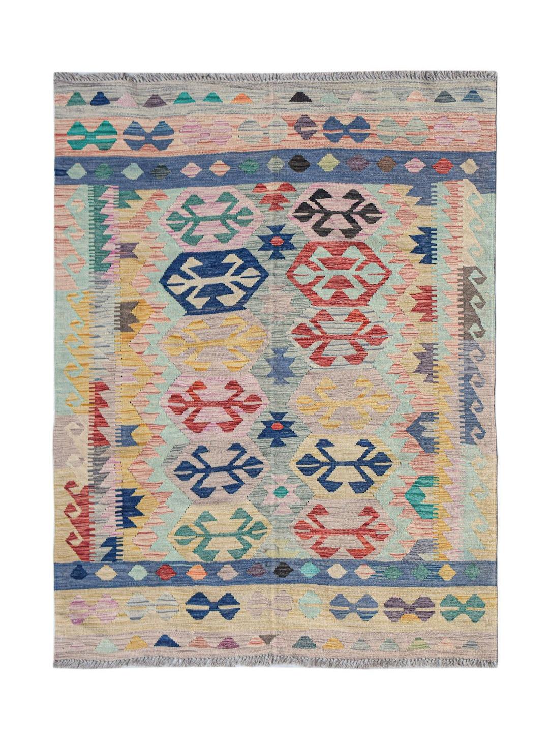 Handwoven Afghan Maimana kilim rug featuring a colorful geometric pattern on a flat wool weave.