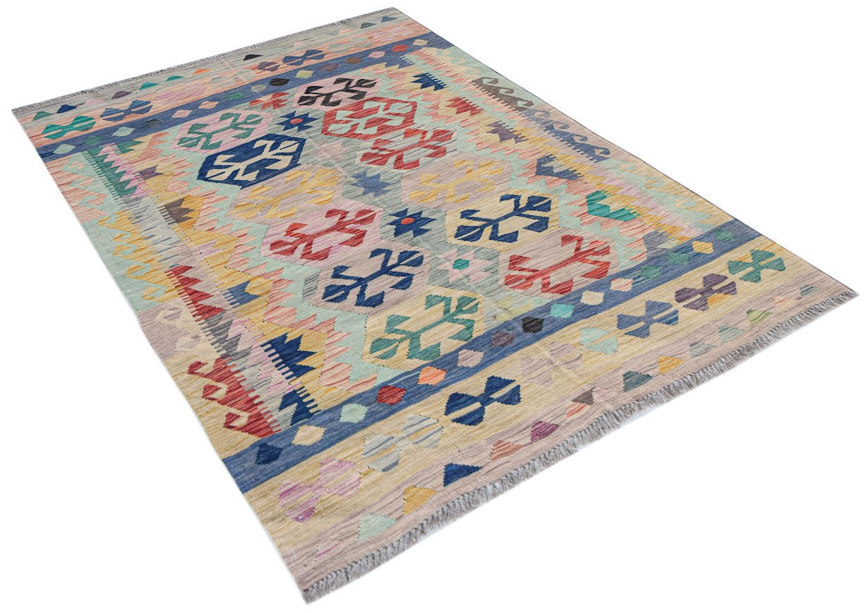 Handwoven Afghan Maimana kilim rug featuring a colorful geometric pattern on a flat wool weave.