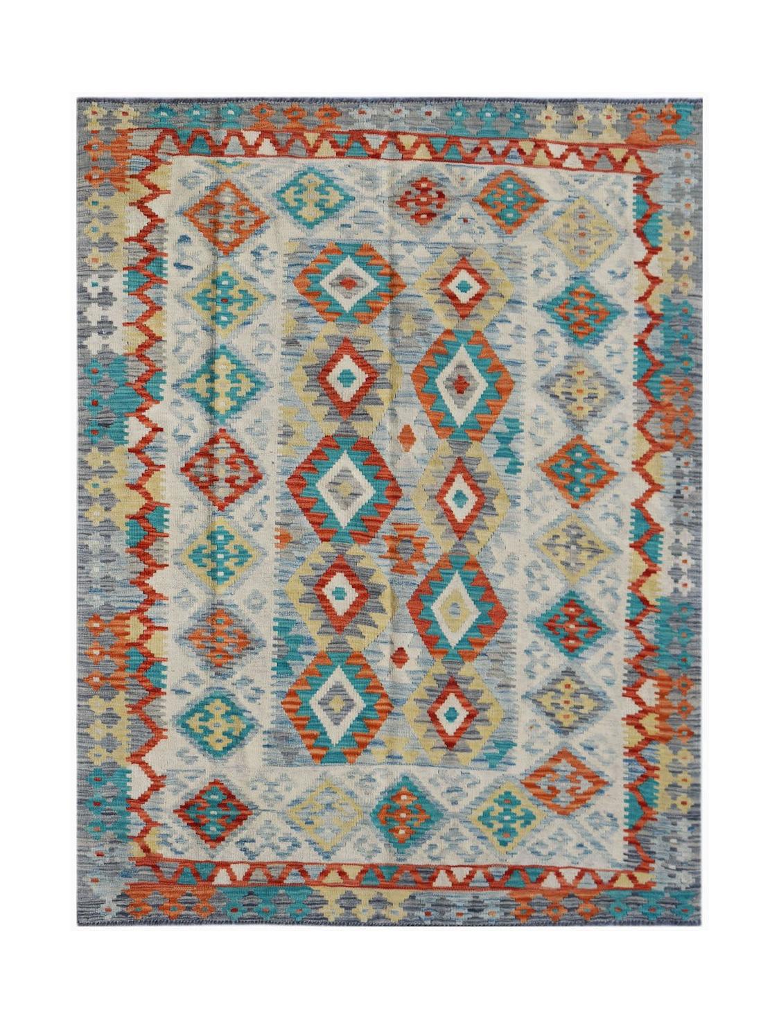 Handwoven Afghan Maimana kilim rug featuring a geometric diamond pattern in vibrant colors.