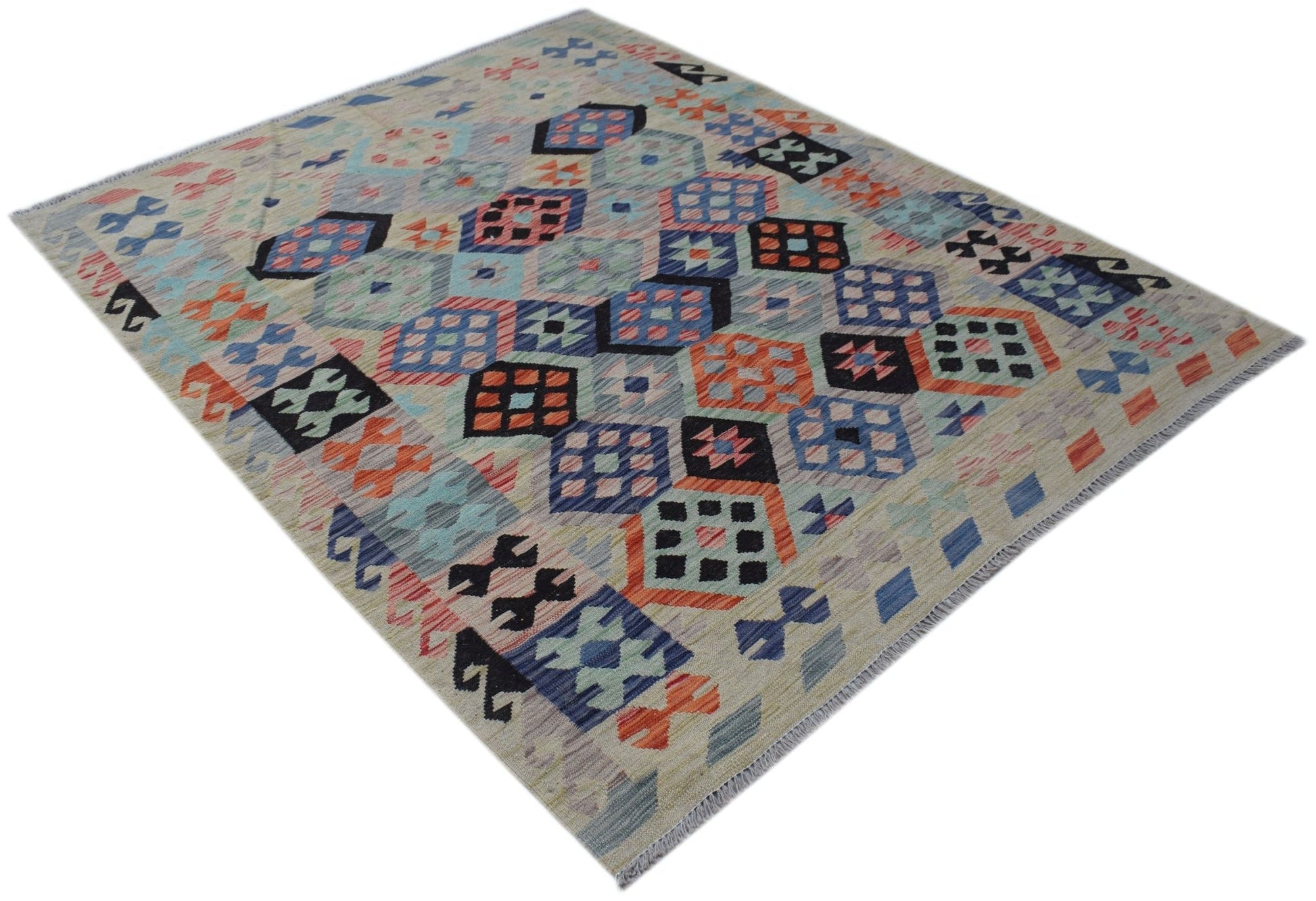 Handmade Afghan Maimana kilim rug featuring a geometric pattern in blue, orange, and black.