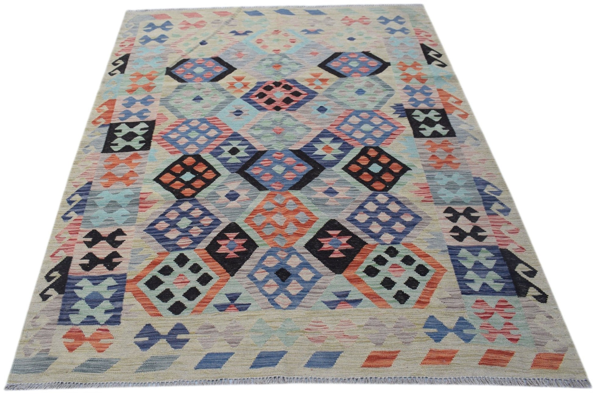 Handwoven Afghan Maimana kilim rug featuring a colorful geometric diamond pattern on wool.