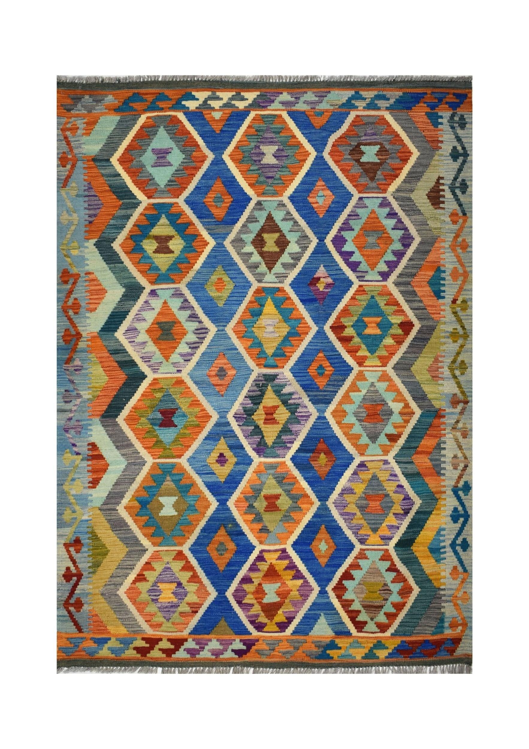 Handmade Afghan Maimana kilim rug featuring a vibrant geometric diamond pattern in wool.