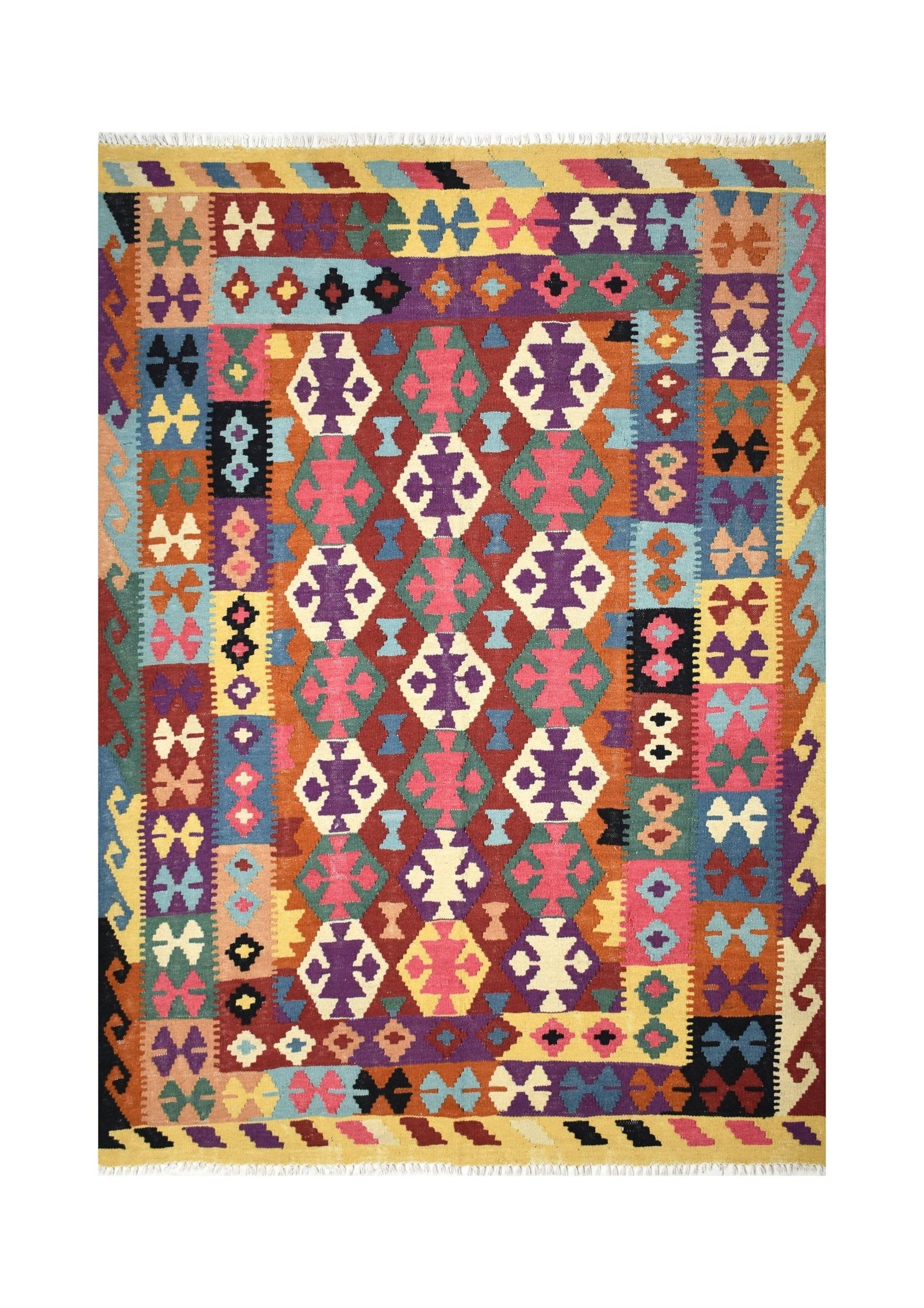 Handmade Afghan Maimana kilim rug featuring a vibrant geometric pattern in multicolored wool.