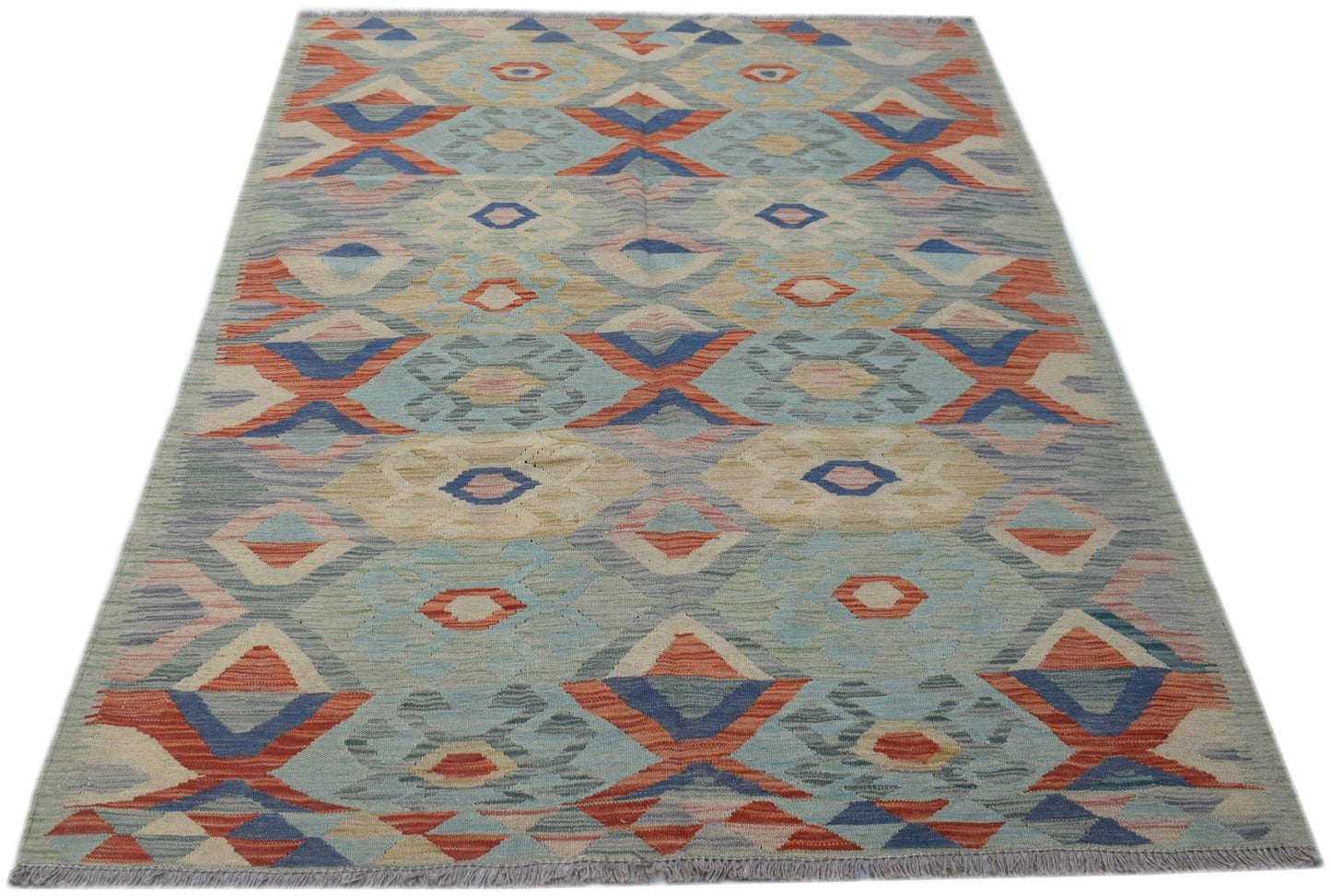 Handwoven Afghan Maimana kilim rug featuring a geometric pattern in blue, orange, and beige.