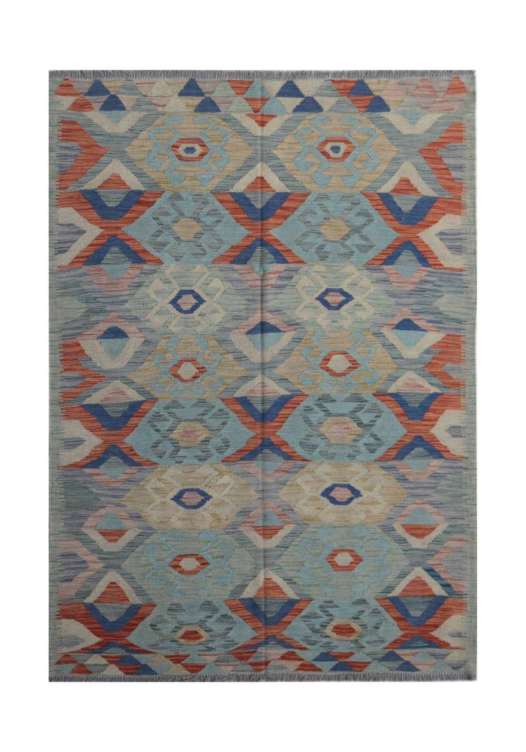Handwoven Afghan Maimana kilim rug featuring a geometric pattern in blue, orange, and beige tones.