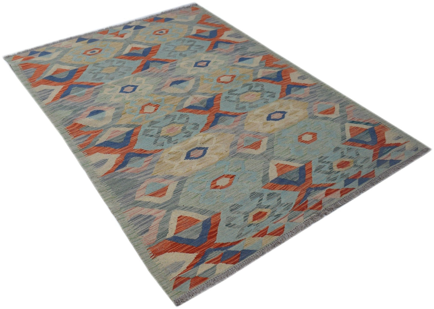 Handwoven Afghan Maimana kilim rug featuring a geometric pattern in blue, orange, and cream tones.