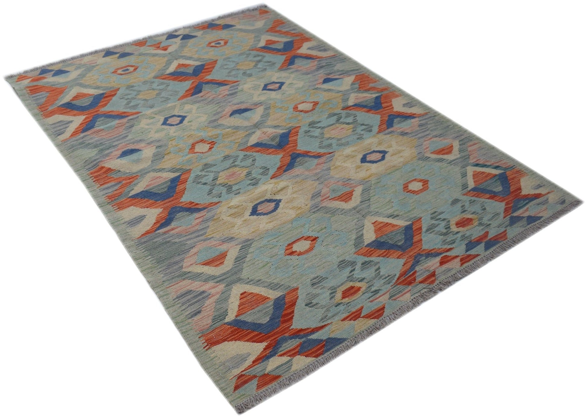 Handwoven Afghan Maimana kilim rug featuring a geometric pattern in blue, orange, and cream tones.