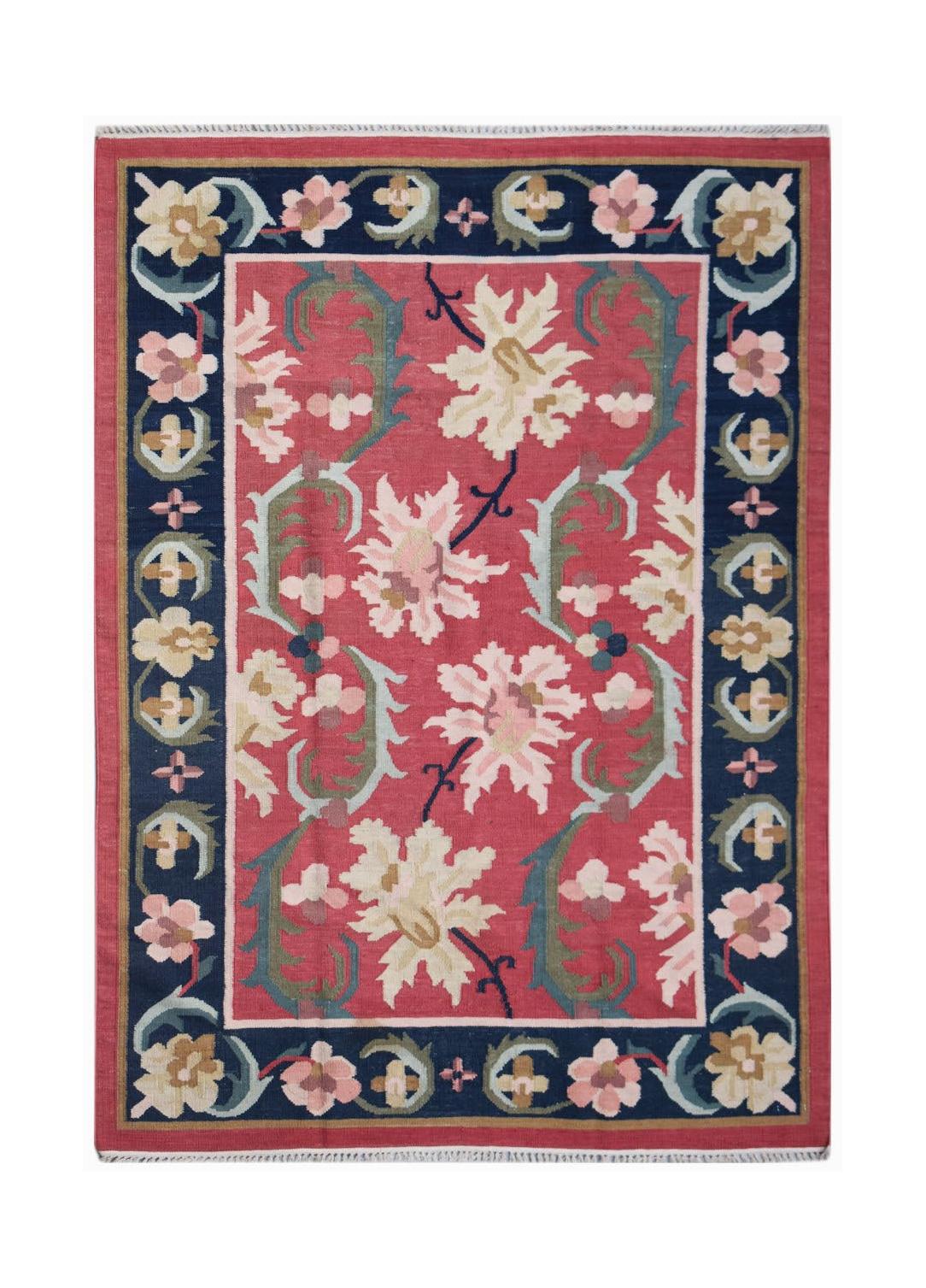 Handwoven Afghan Maimana kilim rug featuring a floral pattern in pink, cream, and dark blue.