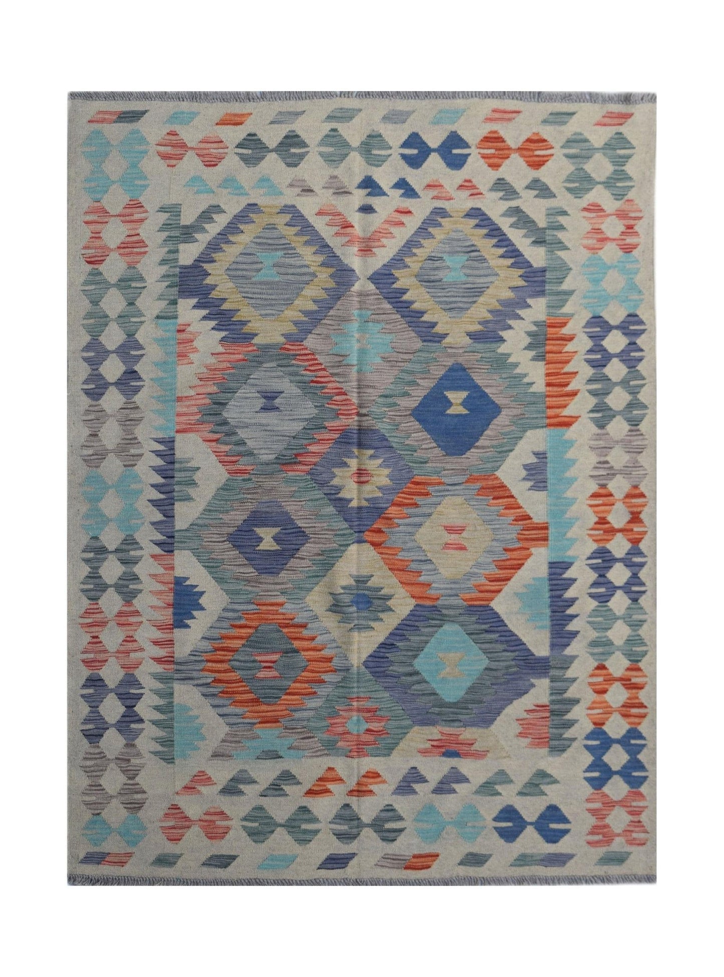 Handwoven Afghan Maimana kilim rug featuring a geometric diamond pattern in vibrant wool colors.
