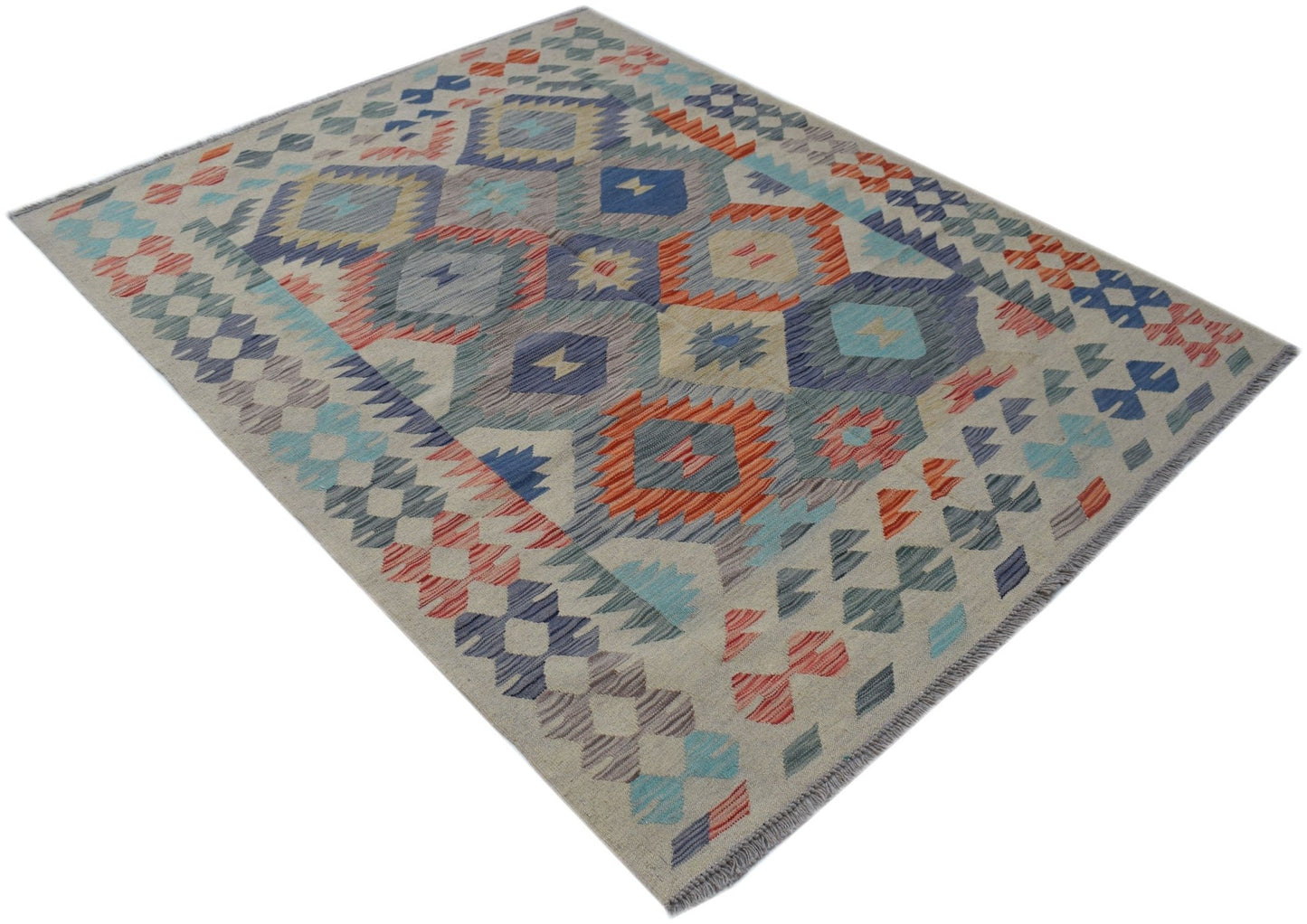 Handwoven Afghan Maimana kilim rug featuring a geometric pattern in blue, orange, and cream tones.