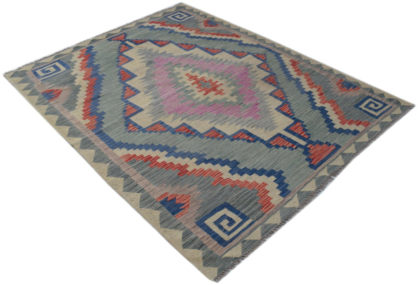 Handwoven Afghan Maimana kilim rug featuring a geometric diamond pattern in blue, red, and pink.