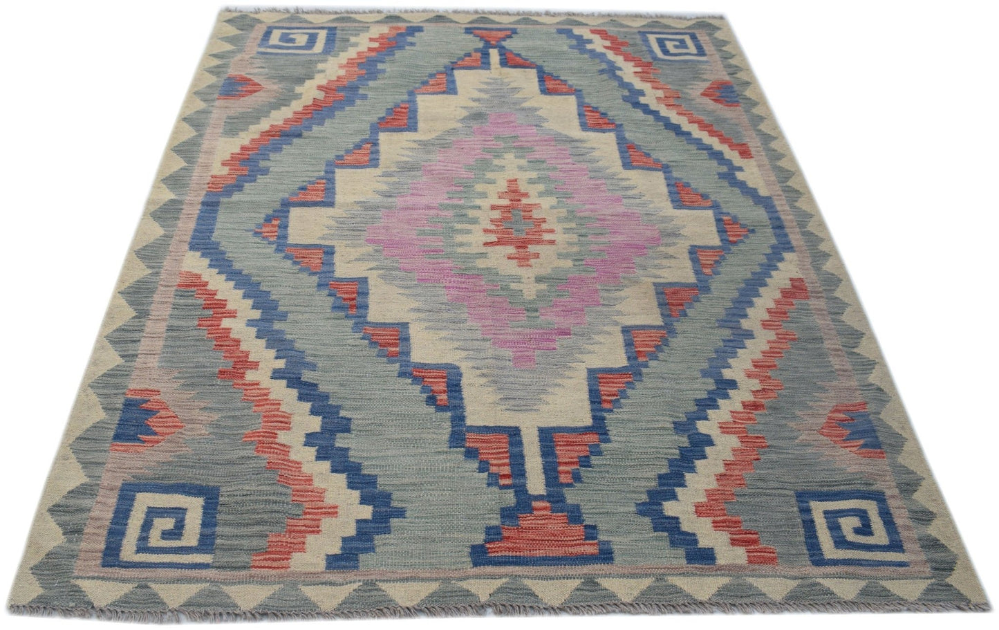Handwoven Afghan Maimana kilim rug featuring a geometric diamond pattern in blue, pink, and red.