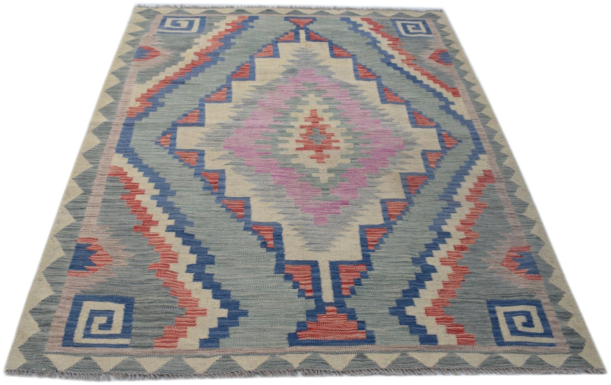 Handwoven Afghan Maimana kilim rug featuring a geometric diamond pattern in blue, pink, and red.