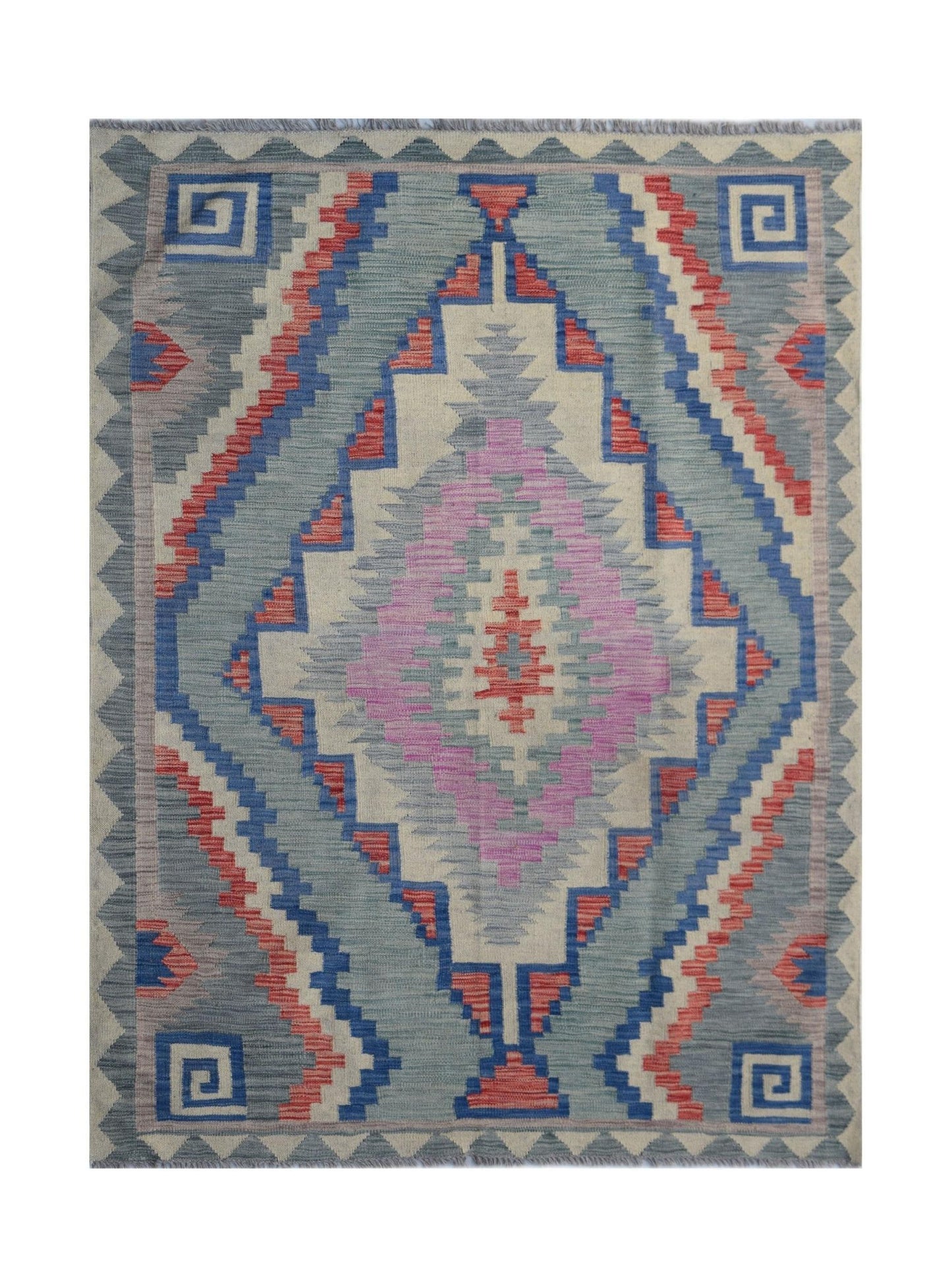 Handwoven Afghan Maimana kilim rug featuring a geometric diamond pattern in blue, pink, and red.