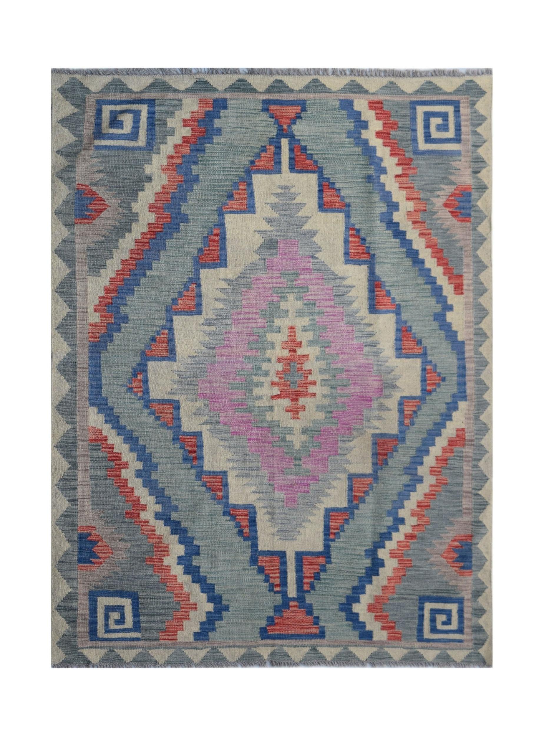 Handwoven Afghan Maimana kilim rug featuring a geometric diamond pattern in blue, pink, and red.