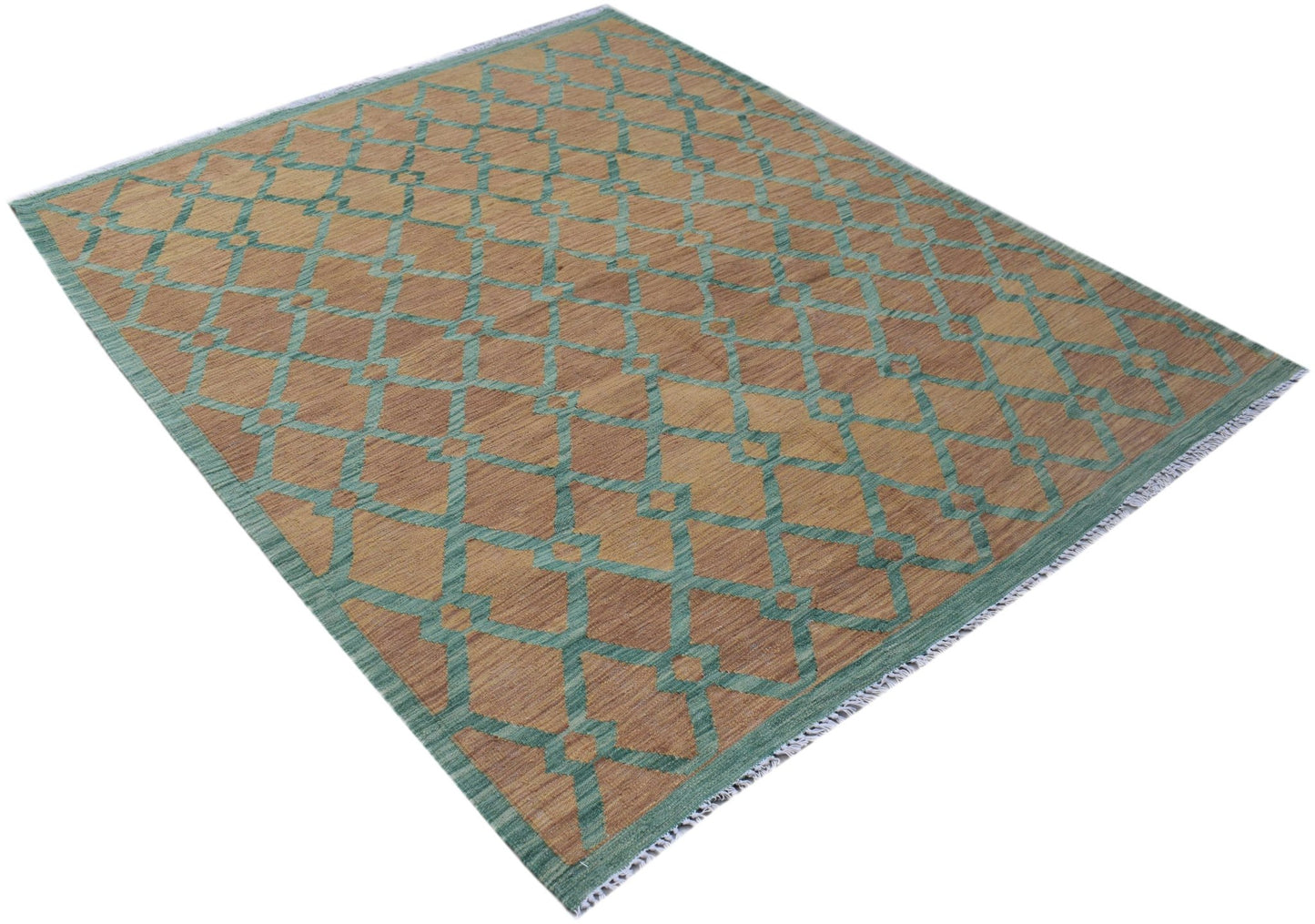 Handwoven Afghan Maimana kilim rug featuring a geometric diamond pattern in tan and green wool.