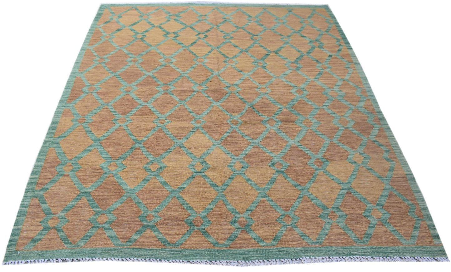 Handwoven Afghan Maimana kilim rug featuring a geometric diamond pattern in tan and teal wool.