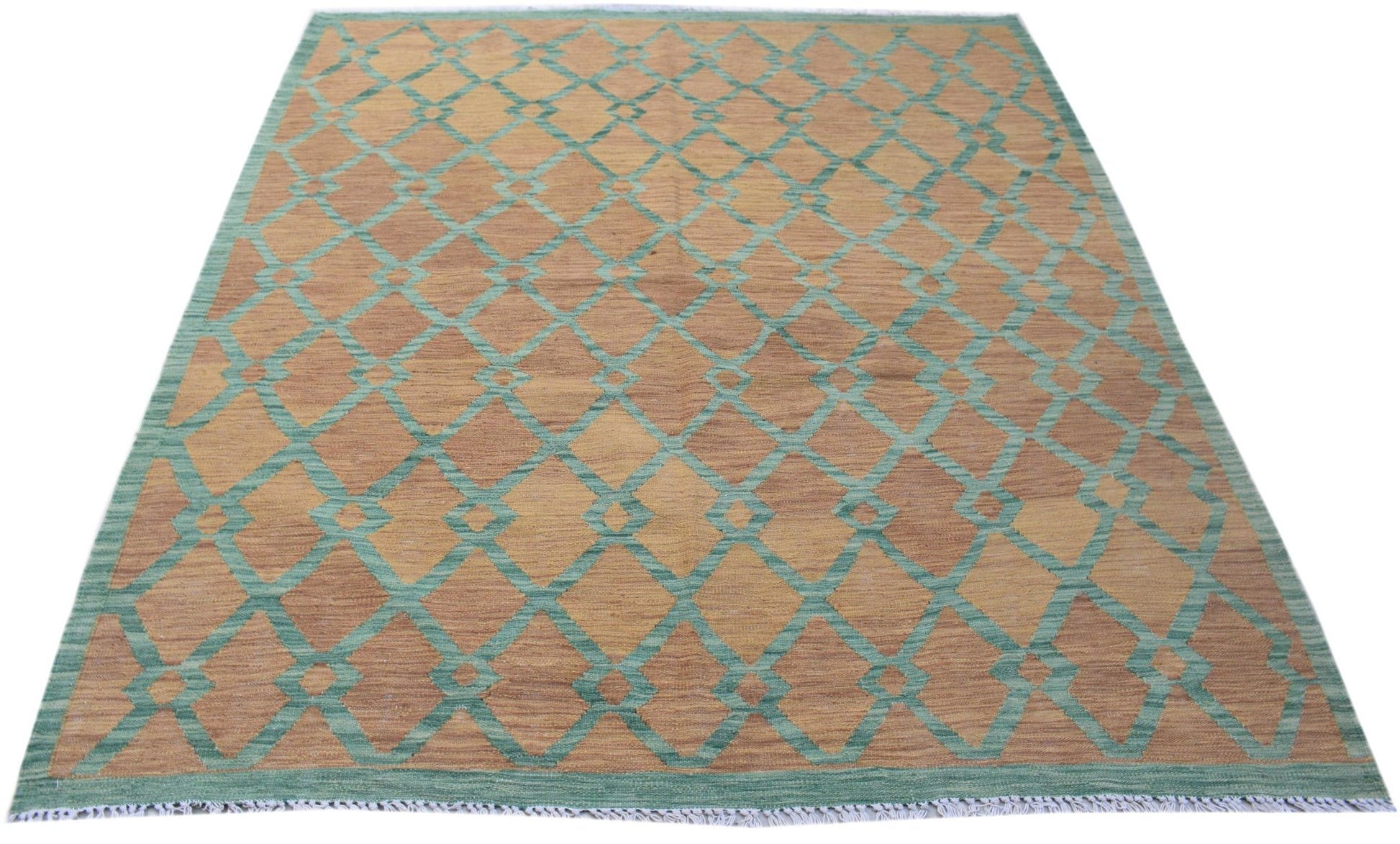 Handwoven Afghan Maimana kilim rug featuring a geometric diamond pattern in tan and teal wool.