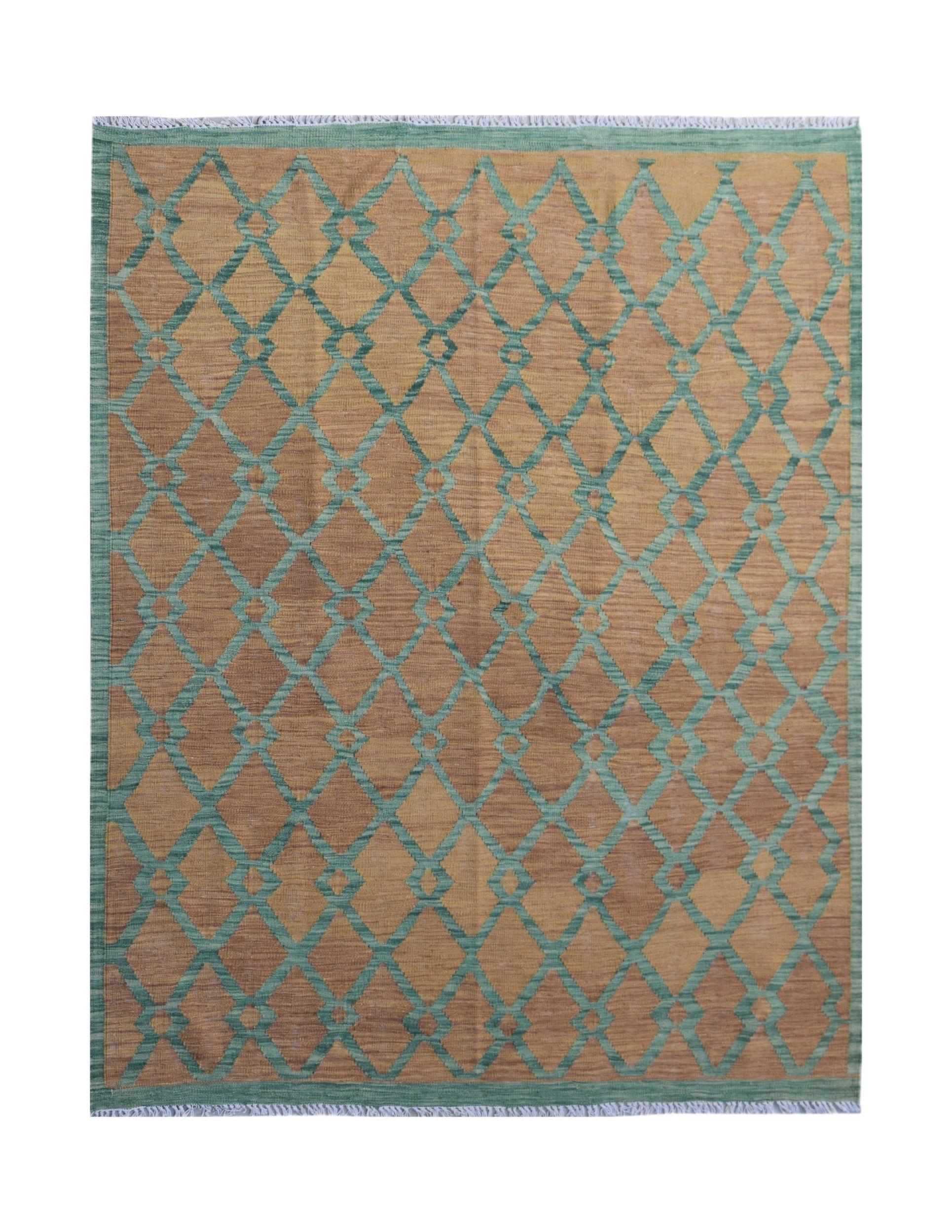Handwoven Afghan Maimana kilim rug featuring a geometric diamond pattern in teal and tan wool.