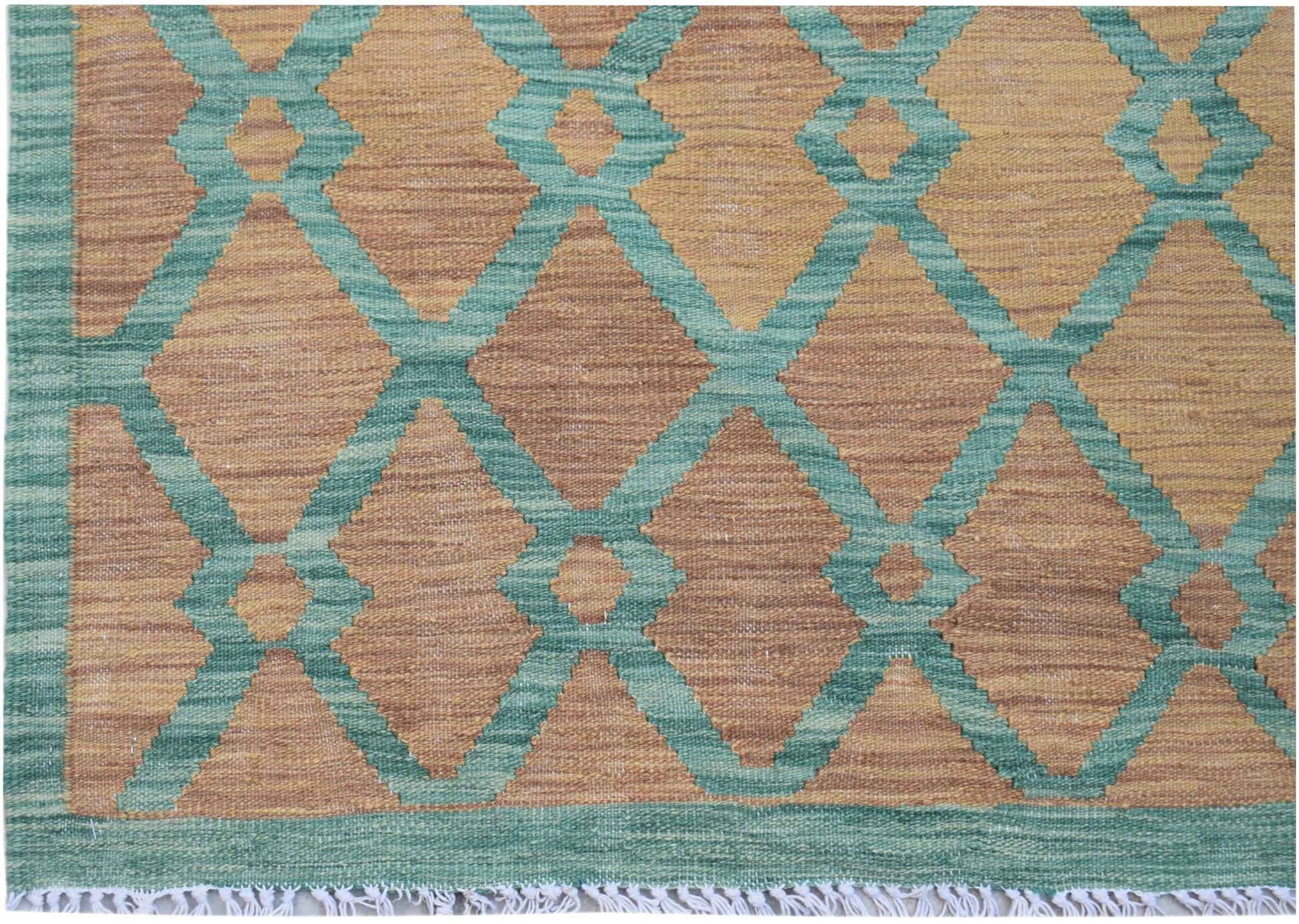 Handwoven Afghan Maimana kilim featuring a geometric diamond pattern in teal and brown wool.