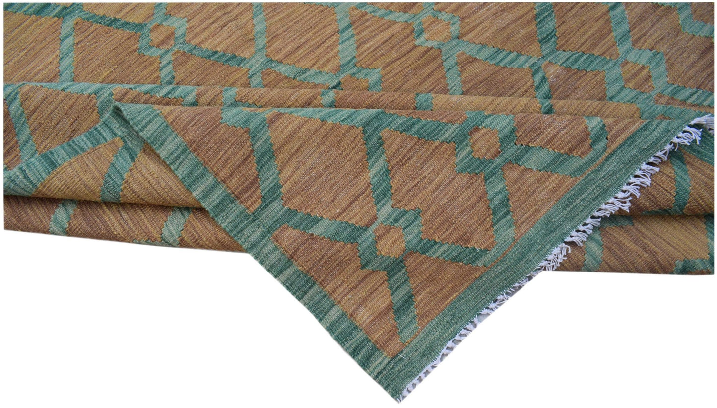 Handwoven Afghan Maimana kilim rug featuring a geometric pattern in green and brown wool.
