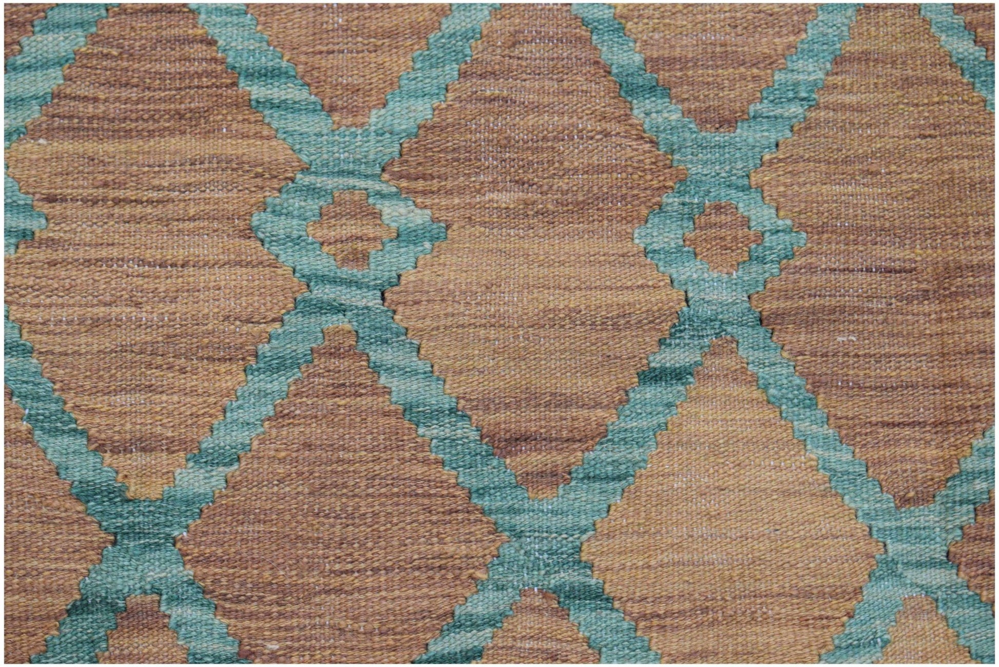 Handwoven Afghan Maimana kilim featuring a geometric diamond pattern in teal and brown wool.