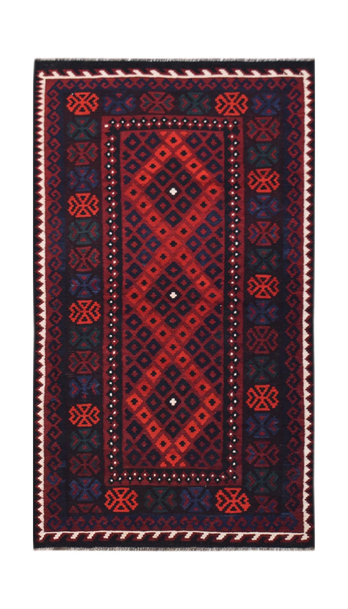 Handwoven Afghan Maimana kilim rug featuring a geometric diamond pattern in red and dark blue.