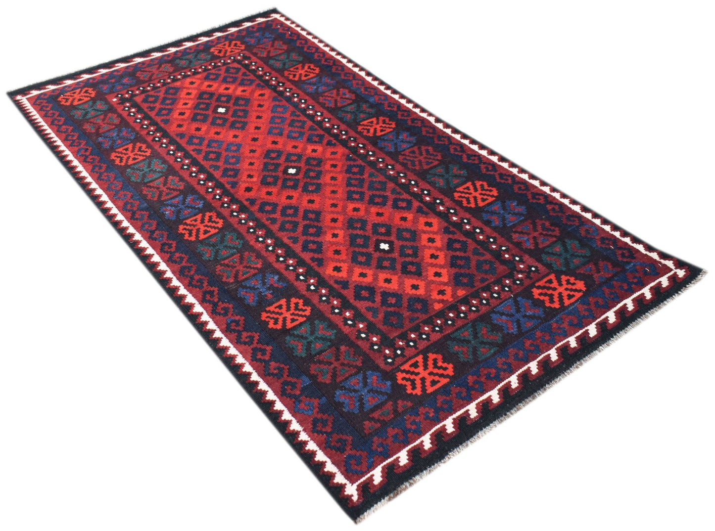 Handwoven Afghan Maimana kilim featuring a geometric diamond pattern in red, blue, and dark tones.