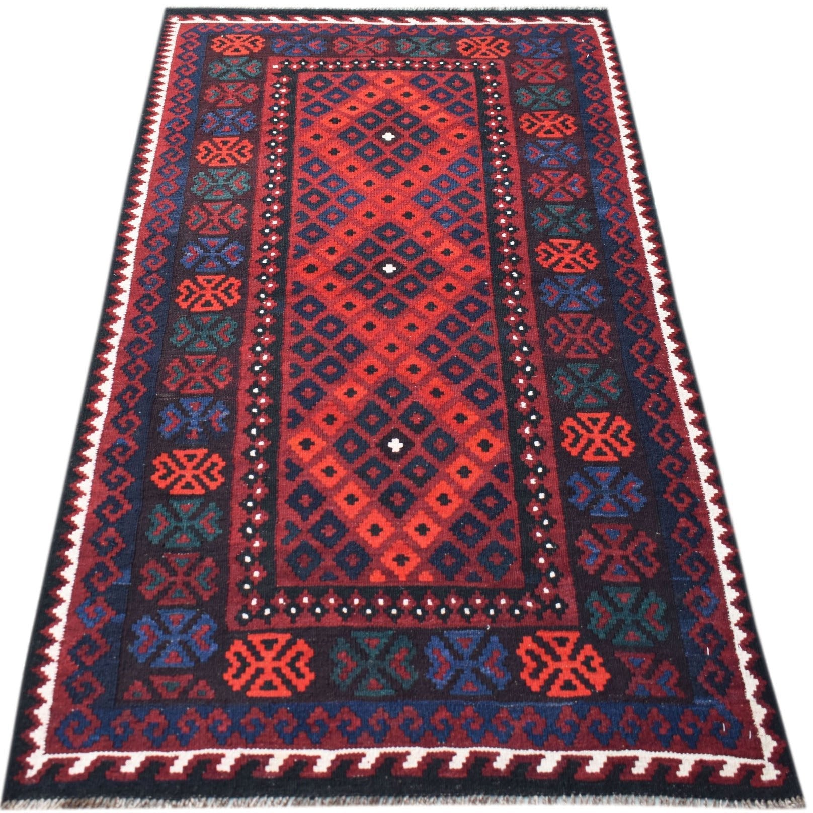 Handwoven Afghan Maimana kilim rug featuring a geometric diamond pattern in red, blue, and black.