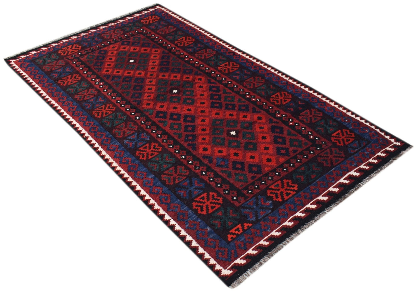 A rectangular Afghan Maimana Kilim rug featuring a geometric pattern in red, blue, and dark tones.
