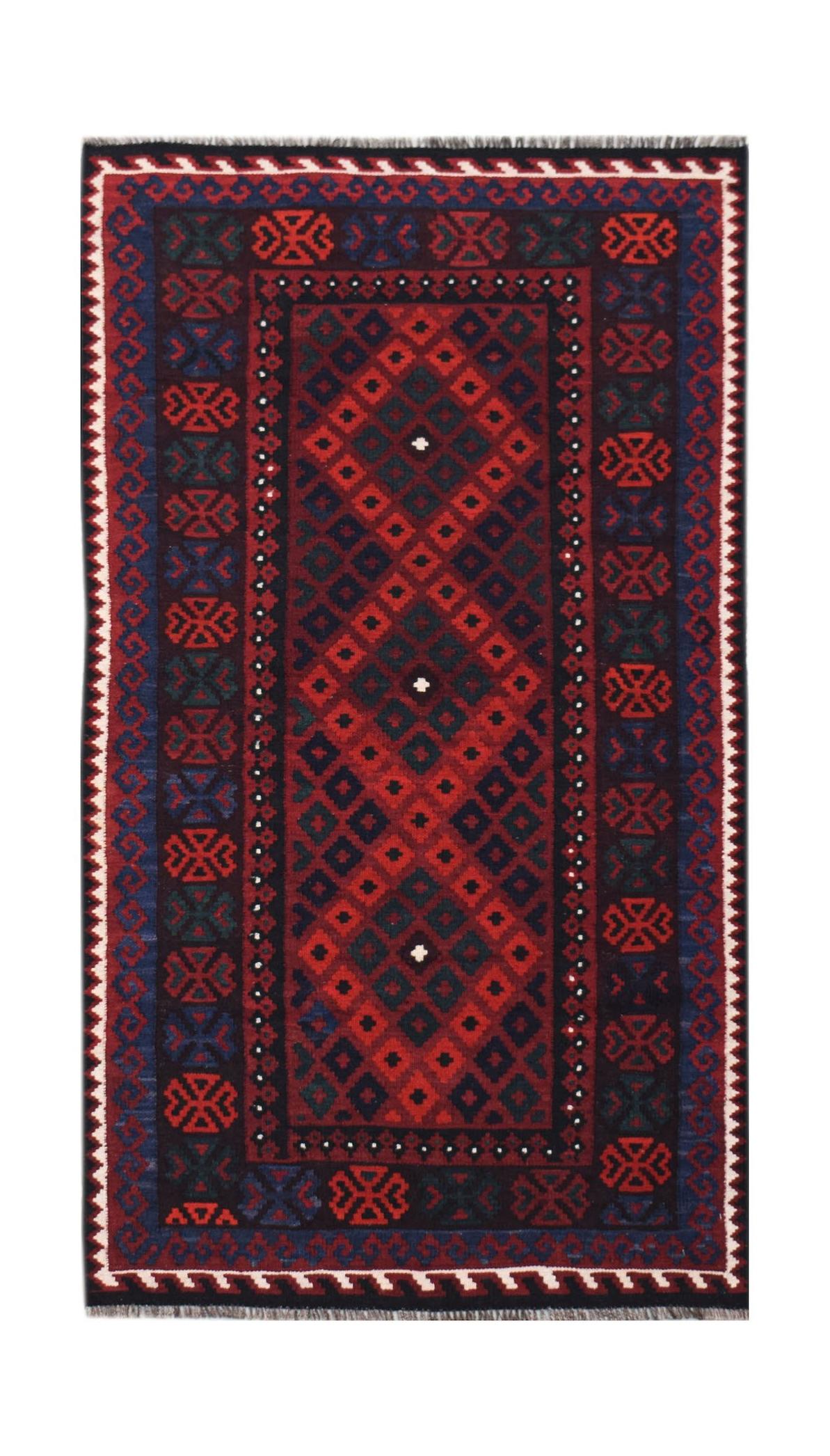 Handwoven Afghan Maimana kilim rug featuring a geometric diamond pattern in red and dark blue.