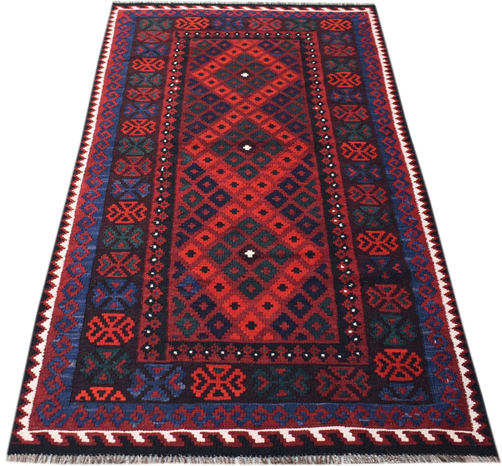 Handwoven Afghan Maimana Kilim rug featuring a geometric diamond pattern in red, blue, and green.