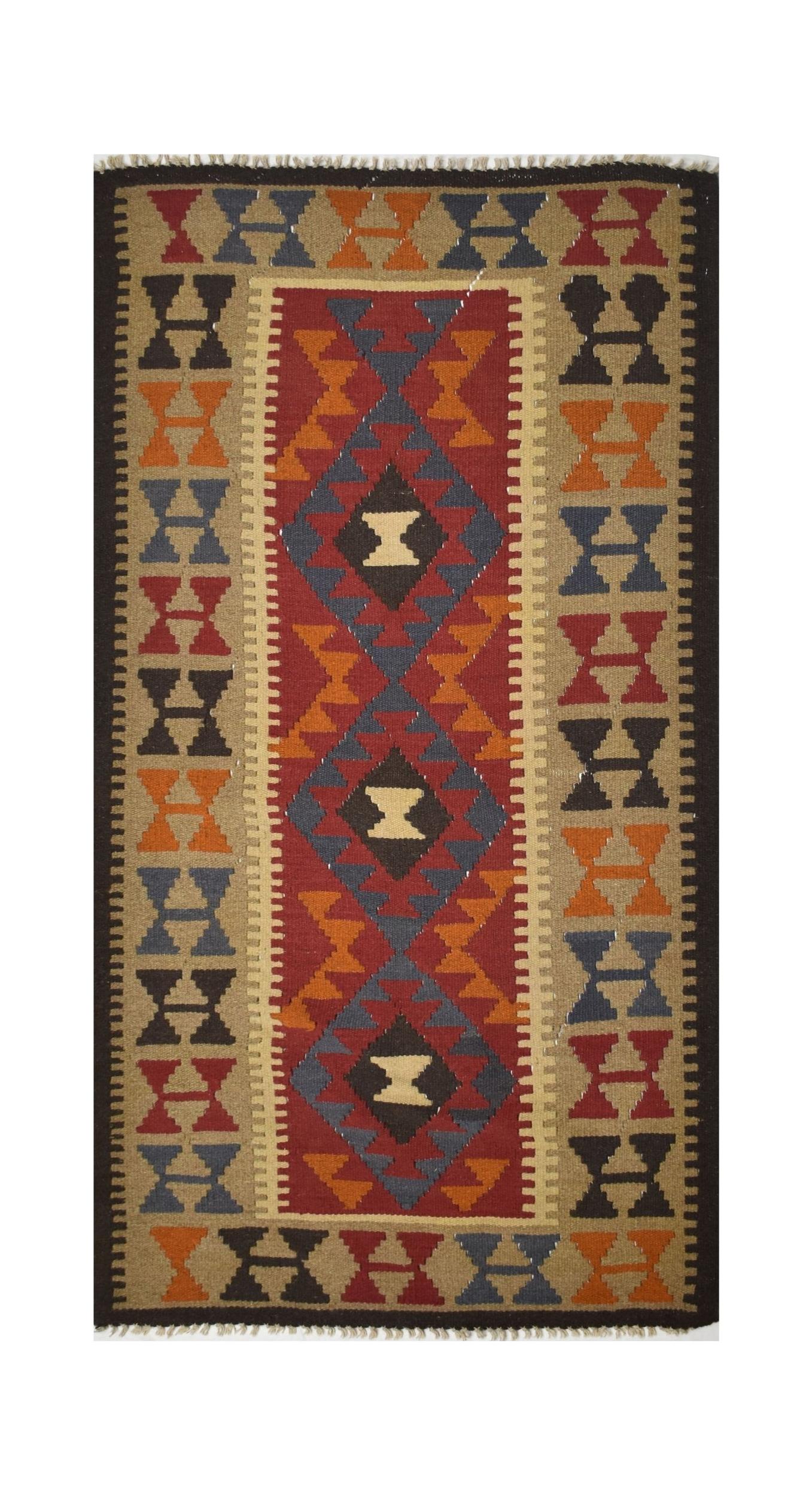 Handmade Afghan Maimana kilim rug featuring a geometric pattern in red, blue, and orange wool.