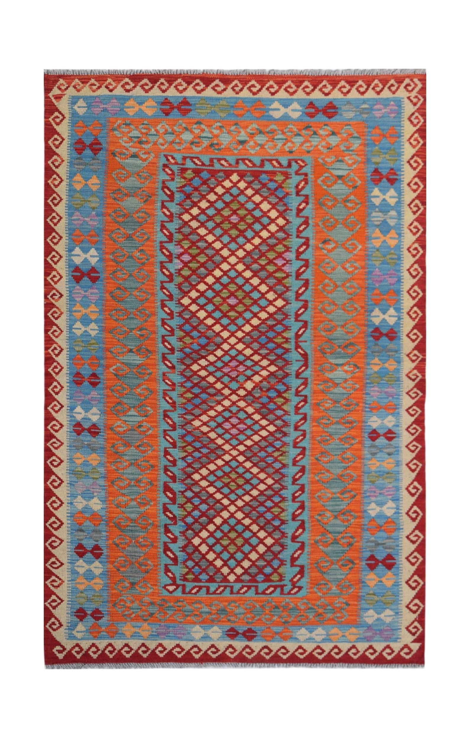 Handwoven Afghan Maimana kilim rug featuring a vibrant geometric diamond pattern in wool.
