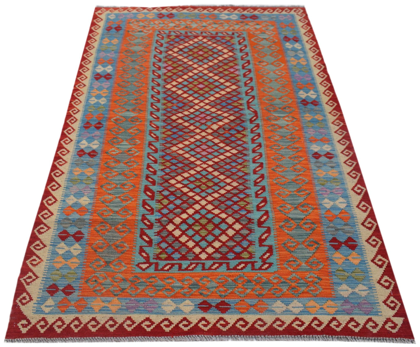 Handwoven Afghan Maimana kilim rug featuring a geometric diamond pattern in vibrant colors.