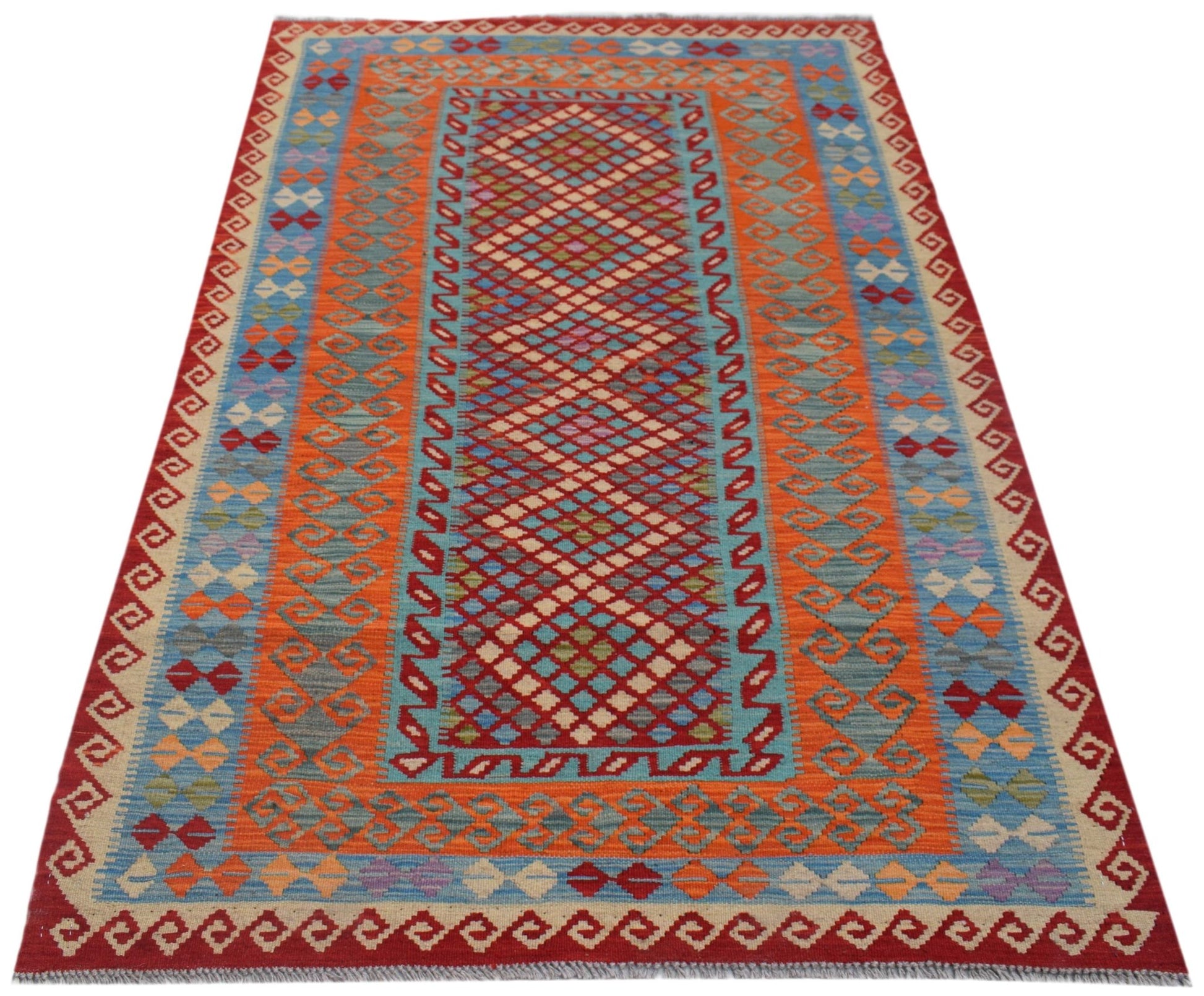 Handwoven Afghan Maimana kilim rug featuring a geometric diamond pattern in vibrant colors.