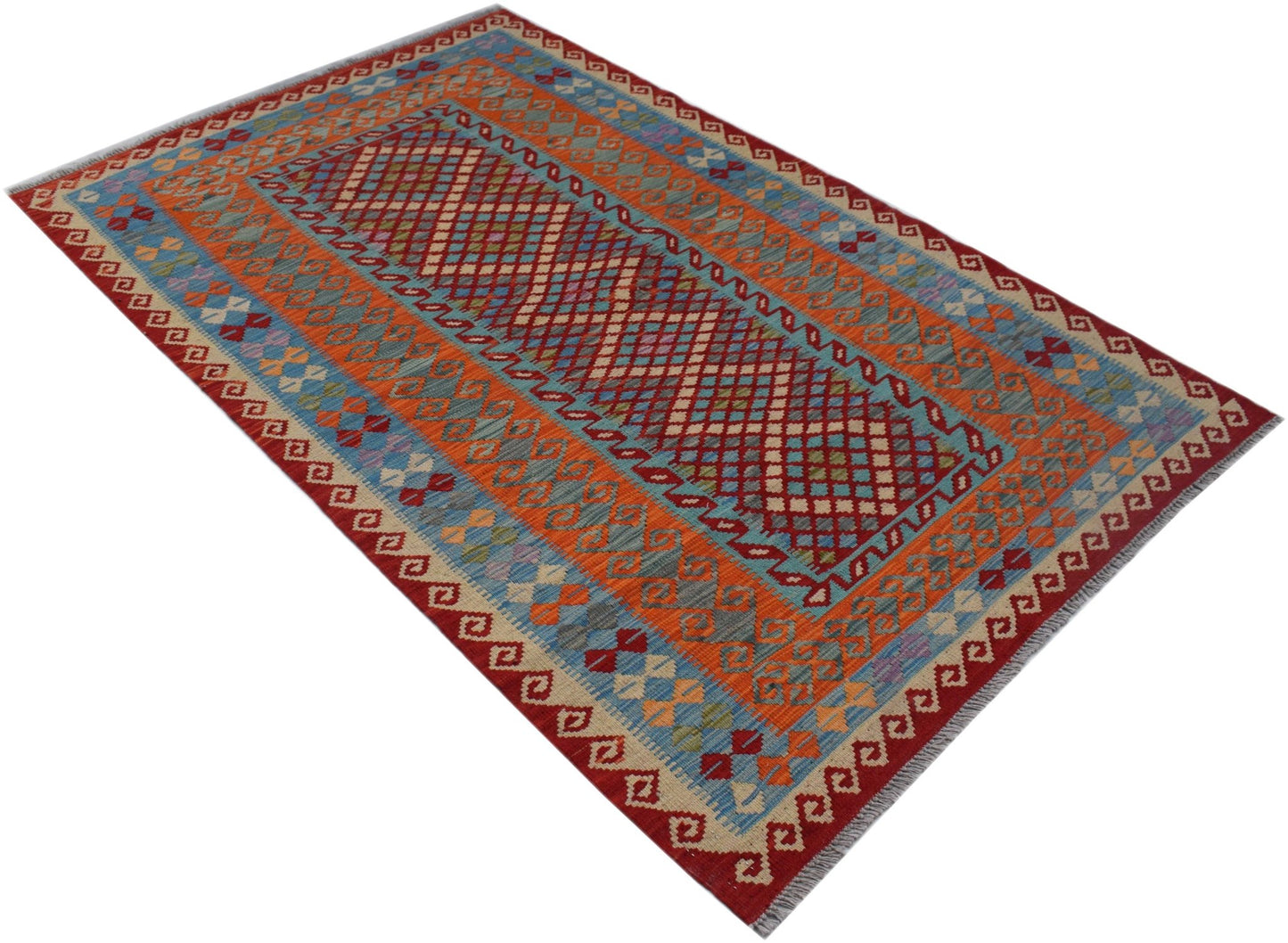 A rectangular handmade Afghan Maimana kilim rug featuring a geometric diamond pattern in red and blue.