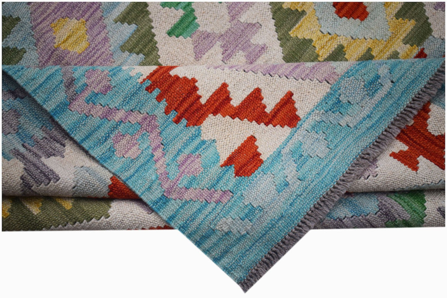 Afghan Maimana Kilim with geometric patterns in blue, red, purple, green, and yellow.