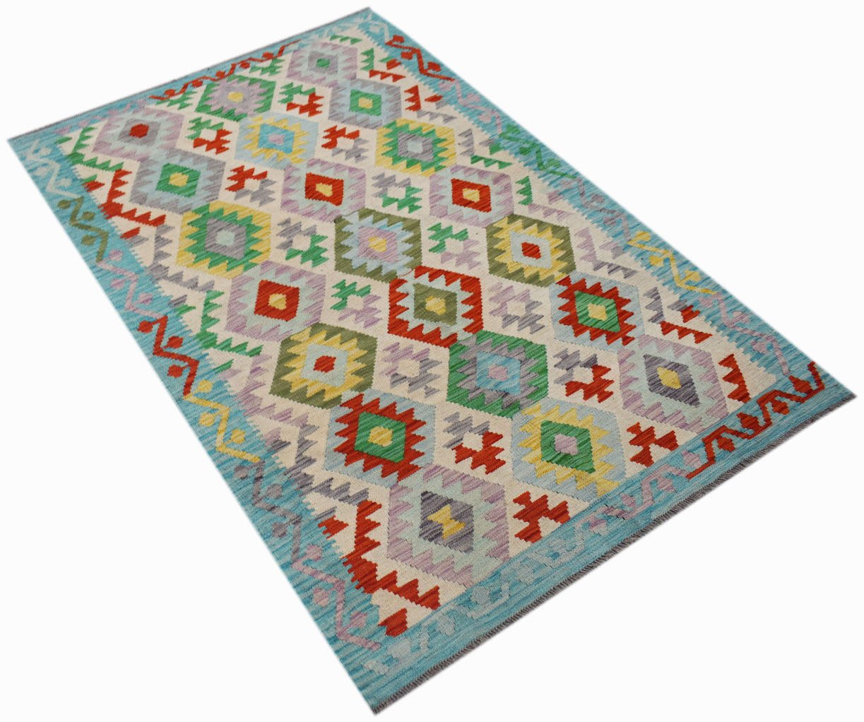Afghan Maimana Kilim with geometric patterns in various colors.